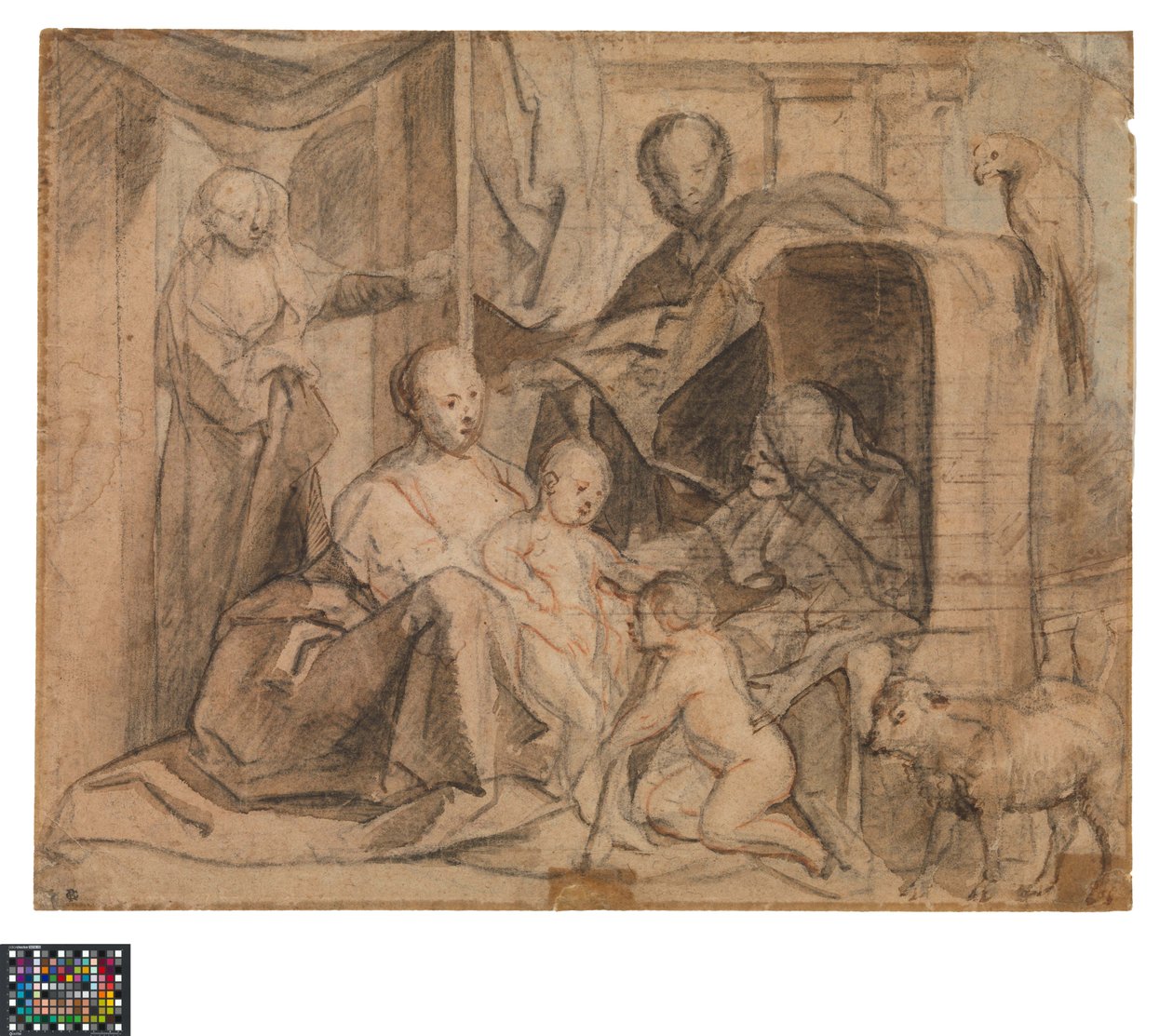 Niemiecki: Święta Rodzina z Elżbietą i św. Janem Chrzcicielem (z tyłu: drzwi, otwór drzwiowy i Hermes)
niderlandzki: De Heilige Familie met Elisabeth en de kleine Johannes (keerzijde: Deur, deuropening en Hermes) autorstwa Jacob Jordaens