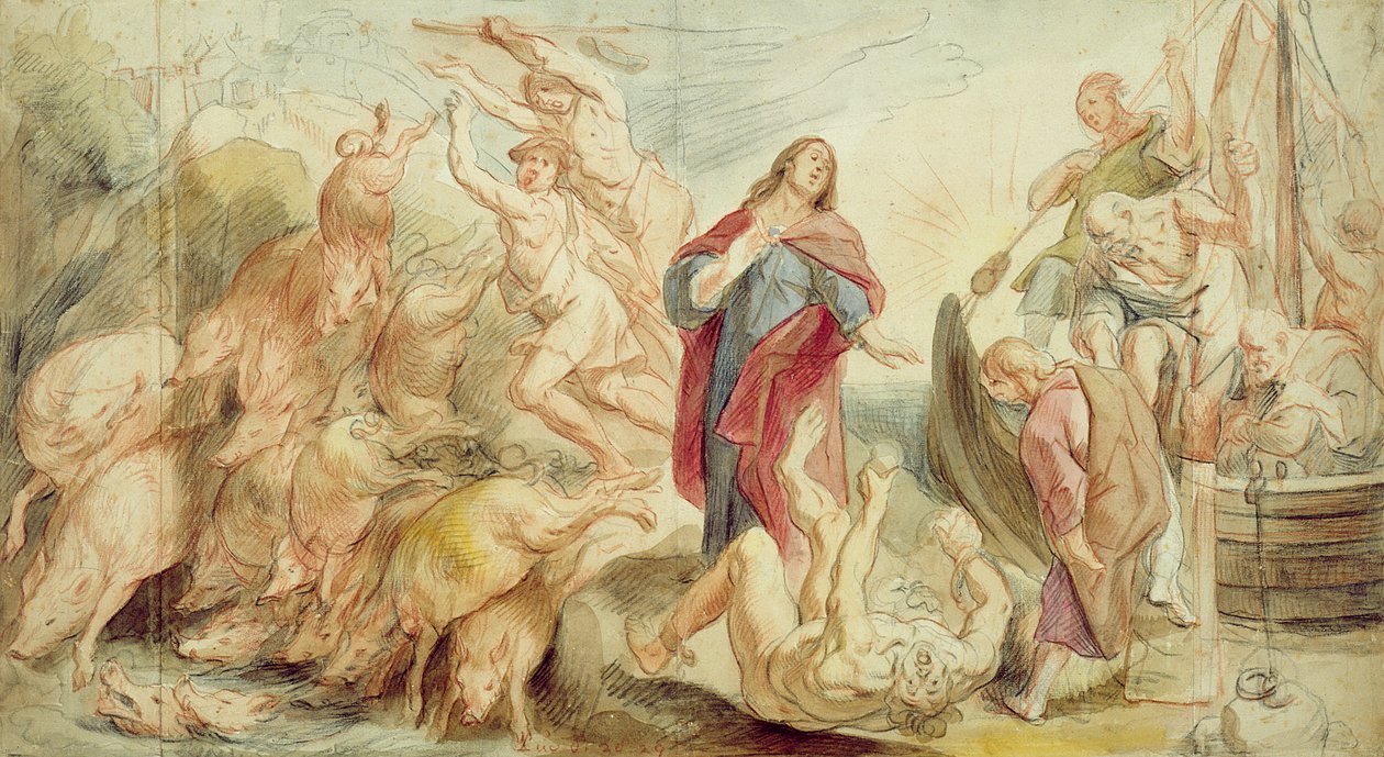Jezus wypędzający diabła z opętanych (kreda i toaleta na papierze) autorstwa Jacob Jordaens