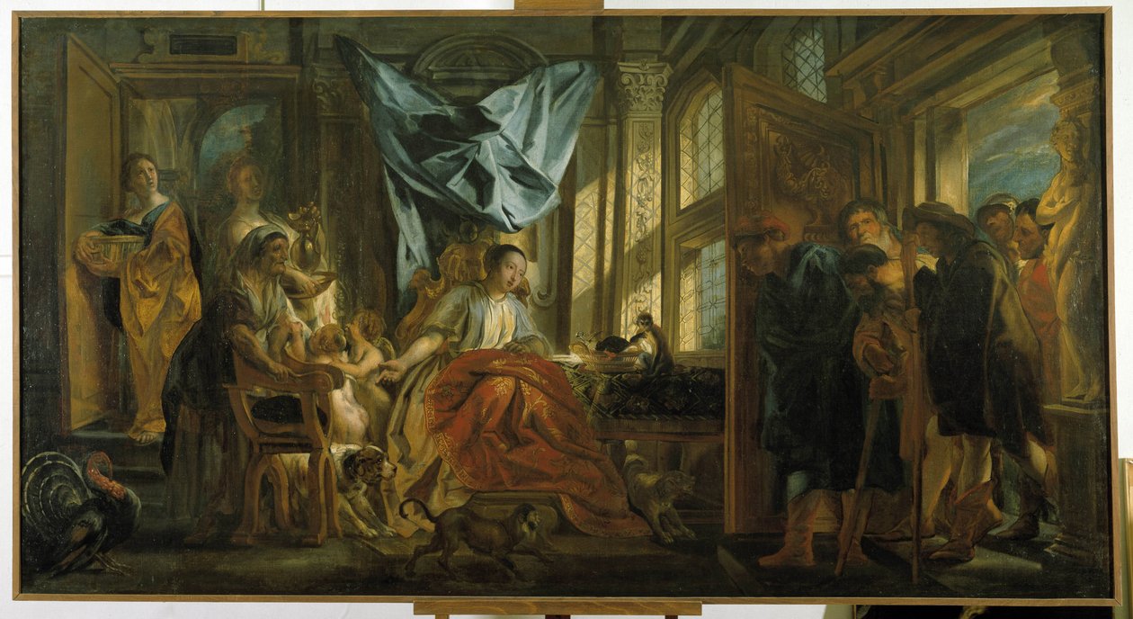 Penelopa. Żona Ulissesa czekająca na męża odrzuca zaloty swoich pretendentów i kontynuuje swój gobelin. obraz Jacoba Jordaensa (1593-1678). Musee Granet, Aix en Provence. autorstwa Jacob Jordaens