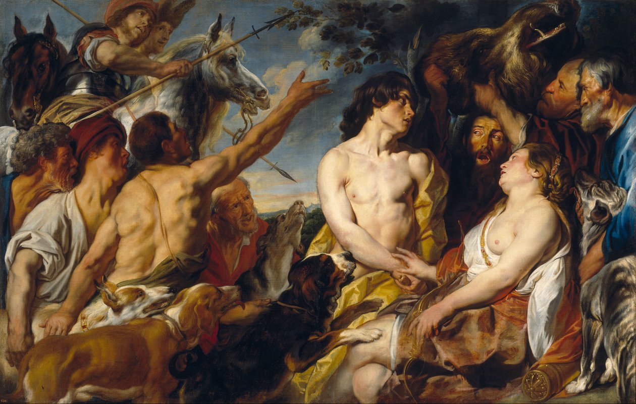 Plexippus i Toxeus kradną Atalancie głowę dzika kaledońskiego, podarowaną jej przez Meleagera (Ovidius, Met. VIII, 260-444). autorstwa Jacob Jordaens