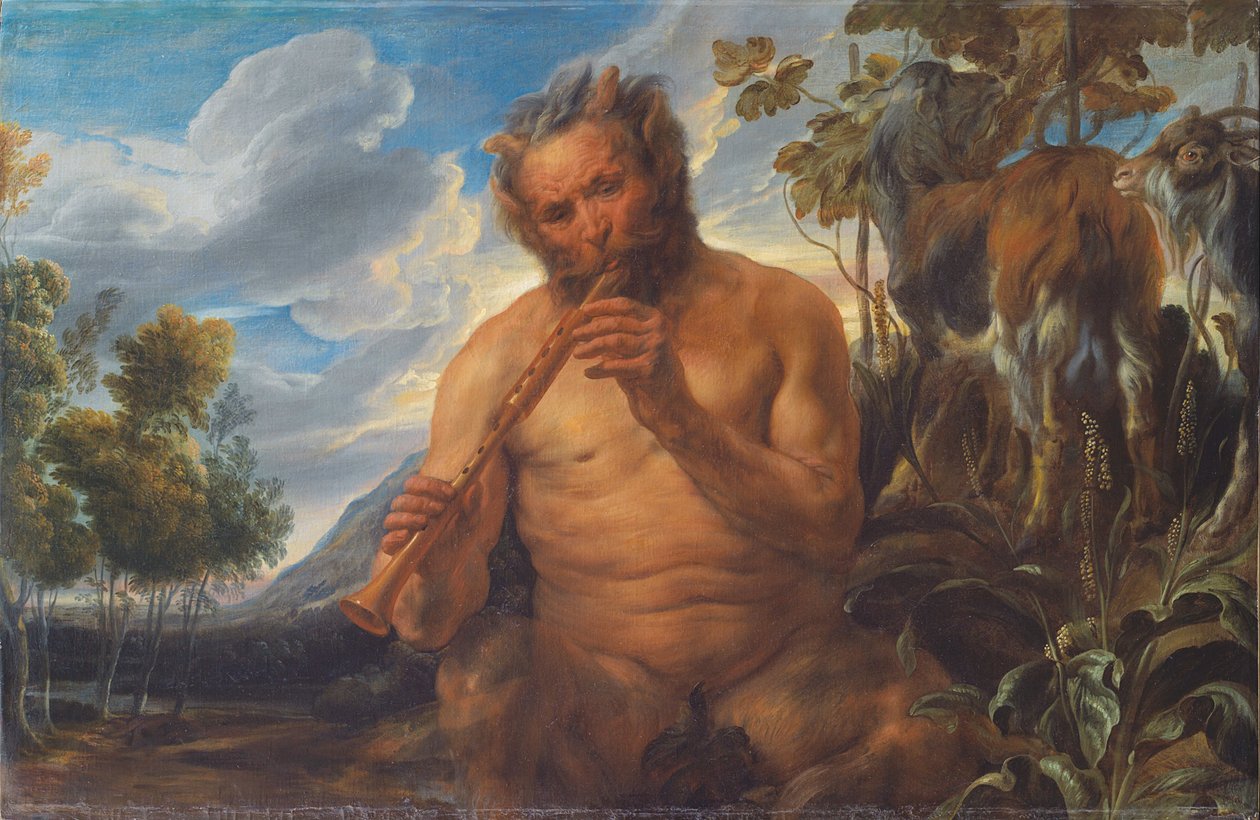 Satyr grający na fujarce (Dzieciństwo Jowisza) (fragment) autorstwa Jacob Jordaens
