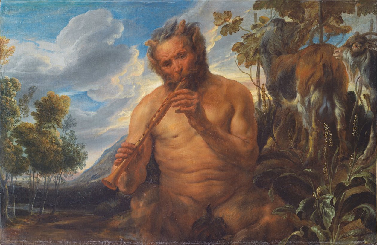 Satyr grający na fajce z dzieciństwa Jowisza, ok. 1639 autorstwa Jacob Jordaens