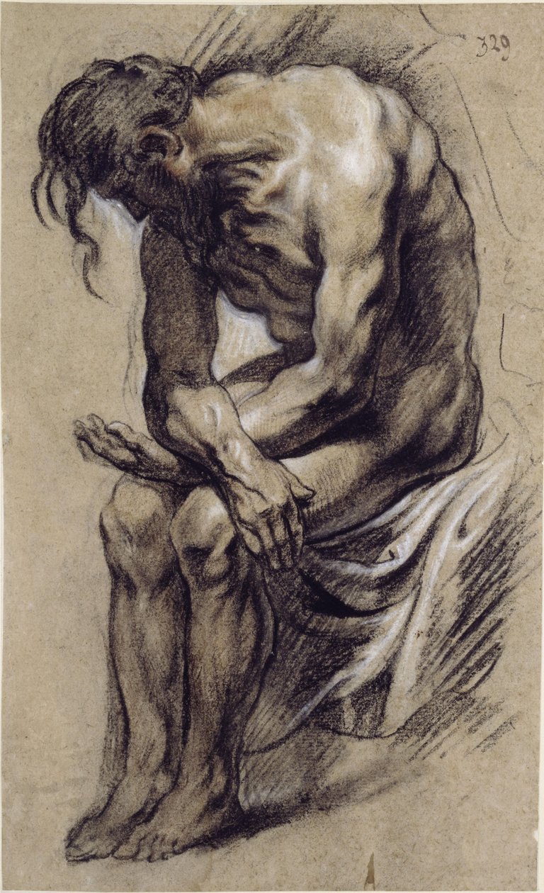 Siedzący nagi mężczyzna, studium do Chrystusa podczas koronowania cierniem autorstwa Jacob Jordaens