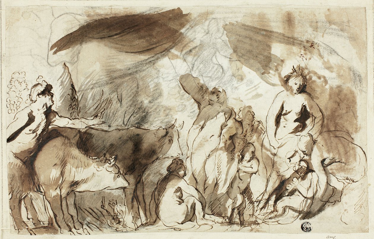 Studium dla Sine Bacchus i Cerere Friget Venus (recto); Rodzina Dariusza przed Aleksandrem (verso) autorstwa Jacob Jordaens