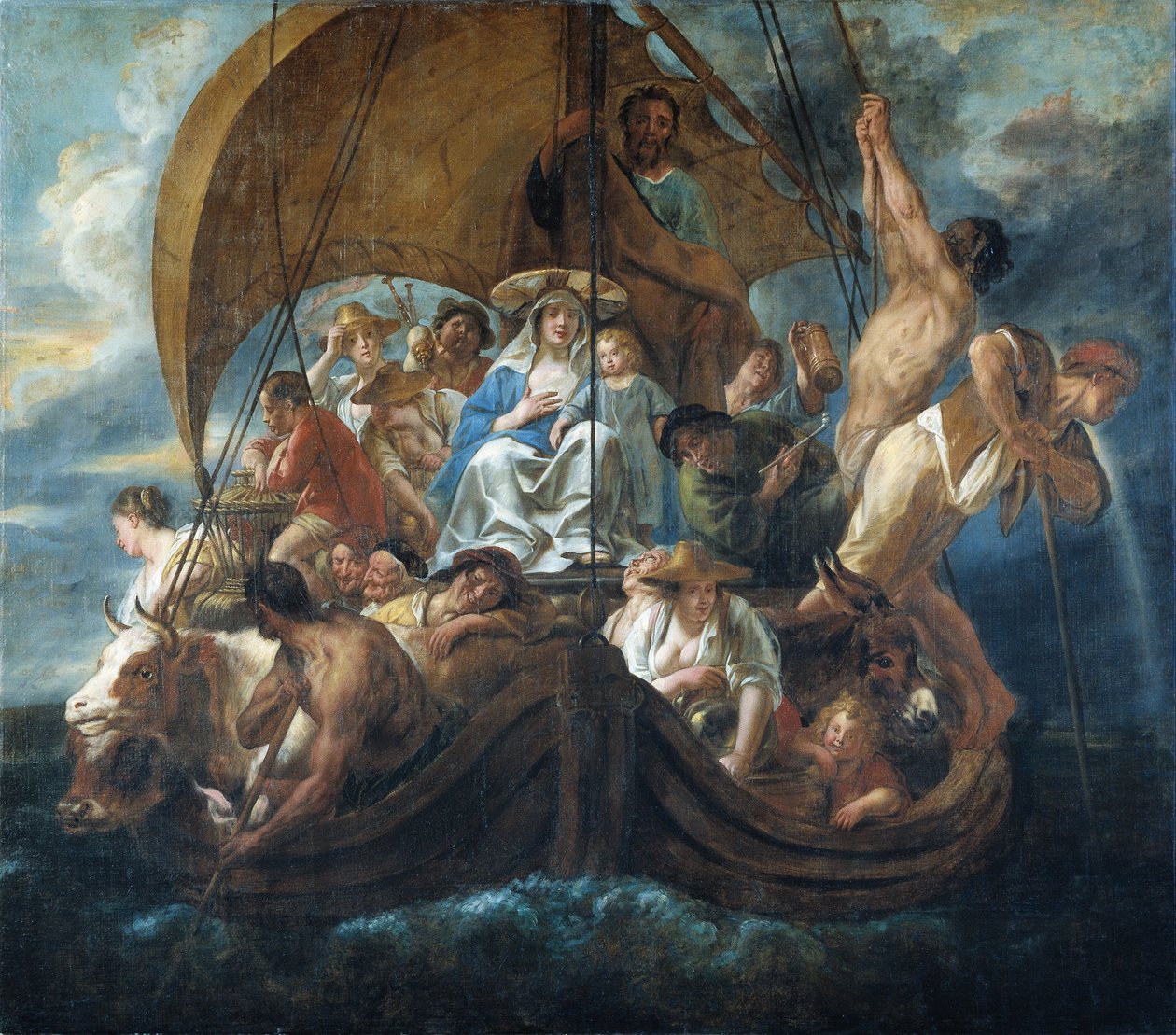 Święta Rodzina z różnymi osobami i zwierzętami w łodzi autorstwa Jacob Jordaens