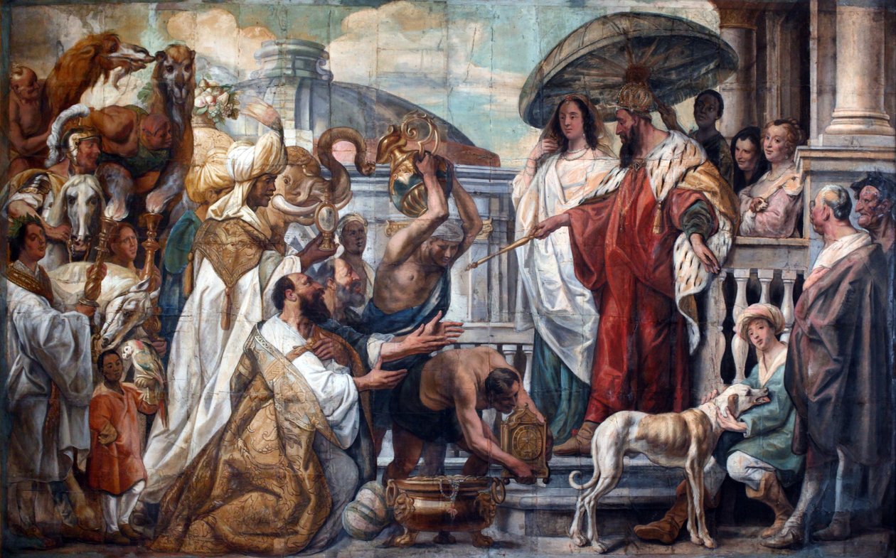 Wysłannicy kalifa Haruna al-Rashida oferującego zegar Karolowi Wielkiemu, 1660 autorstwa Jacob Jordaens