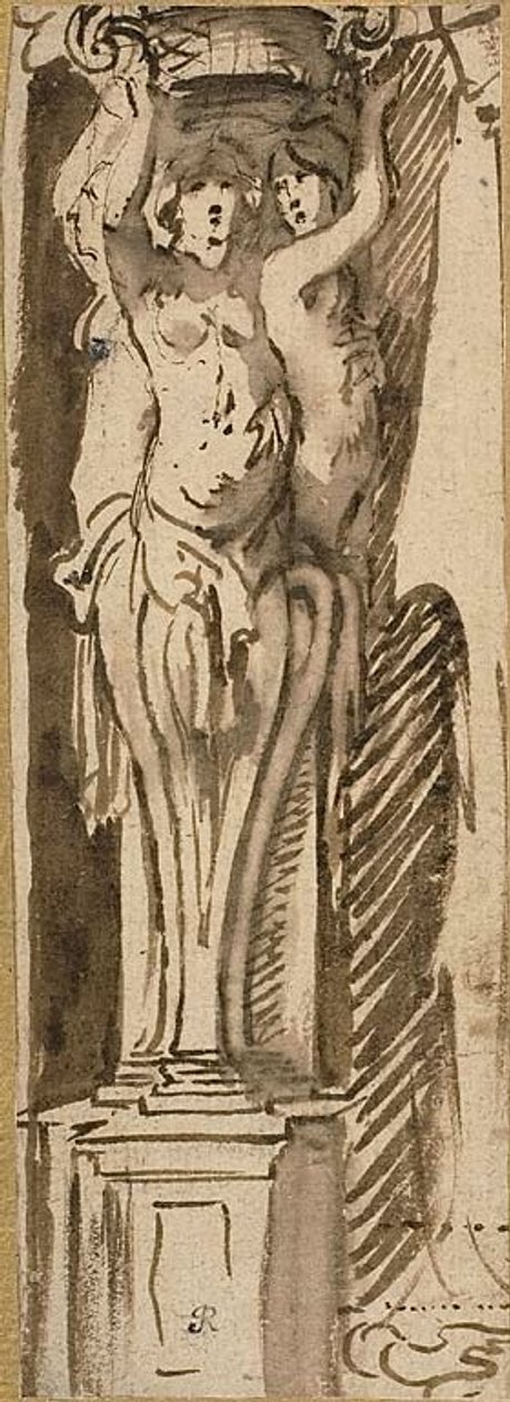Trzy kariatydy podtrzymujące kosz autorstwa Jacob Jordaens