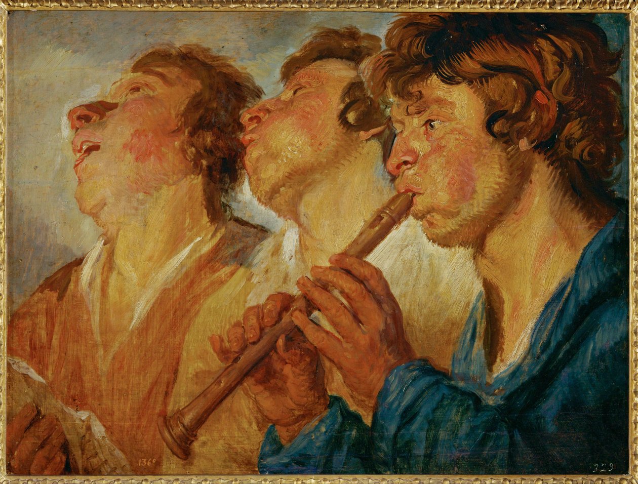 Trzech wędrownych muzyków, dwóch śpiewających, trzeci grający ... (obraz na drewnie) autorstwa Jacob Jordaens