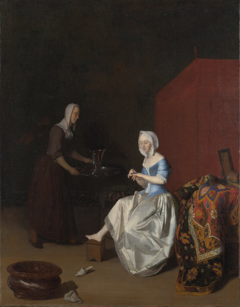 Młoda Dama przycinająca Paznokcie, w towarzystwie Pokojówki, 1670 autorstwa Jacob Lucasz. Ochtervelt