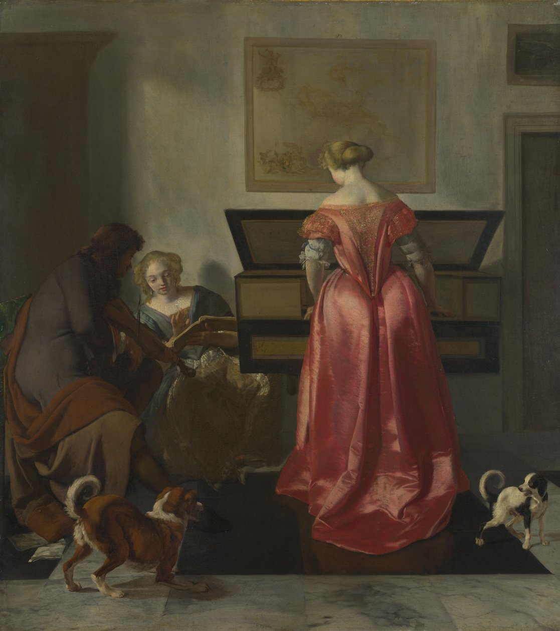 Dwie kobiety i mężczyzna tworzący muzykę, ok. 1675 autorstwa Jacob Lucasz. Ochtervelt
