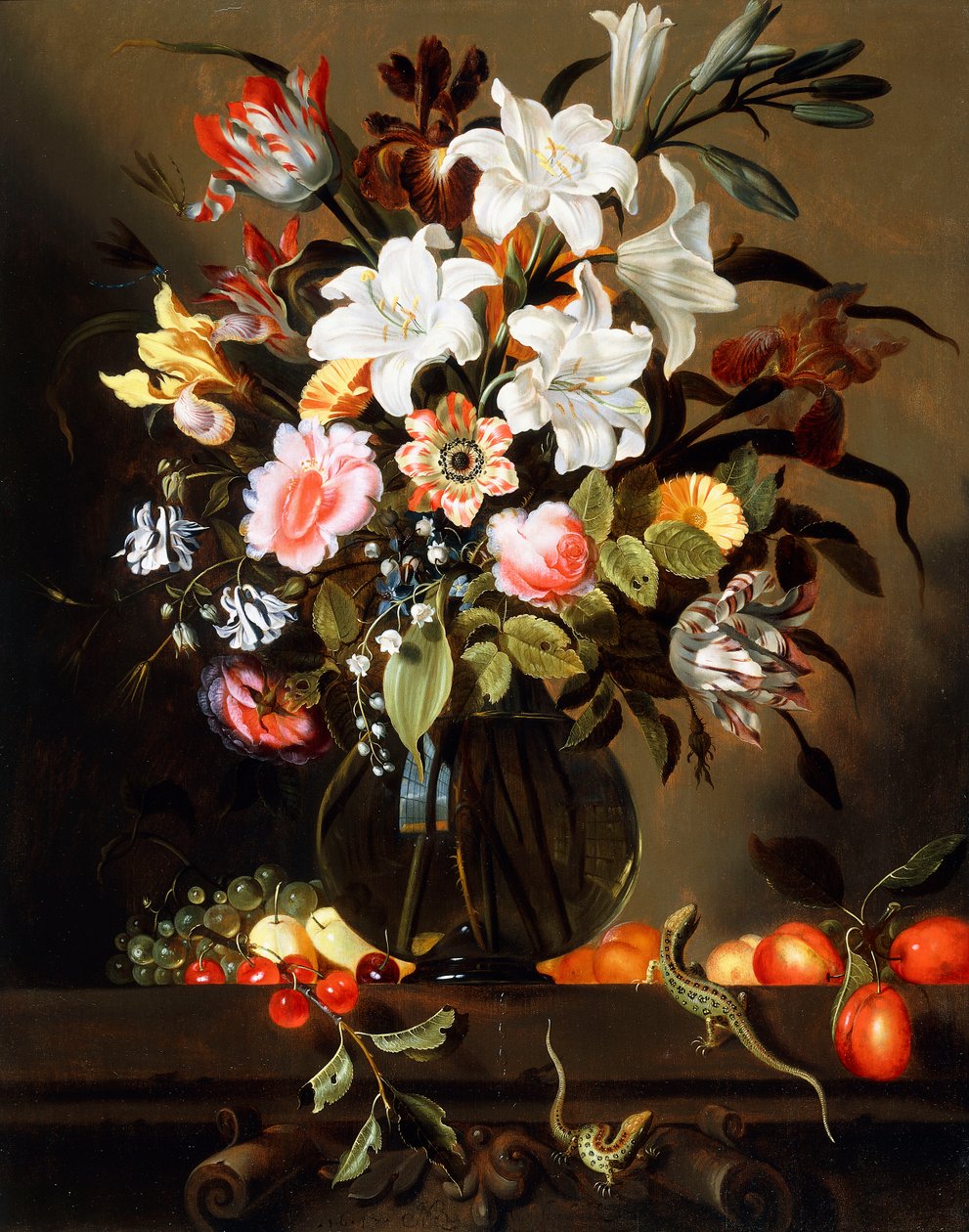 Bukiet kwiatów z owocami i dwiema jaszczurkami zwinki na kamiennej półce, 1647 autorstwa Jacob Marrel