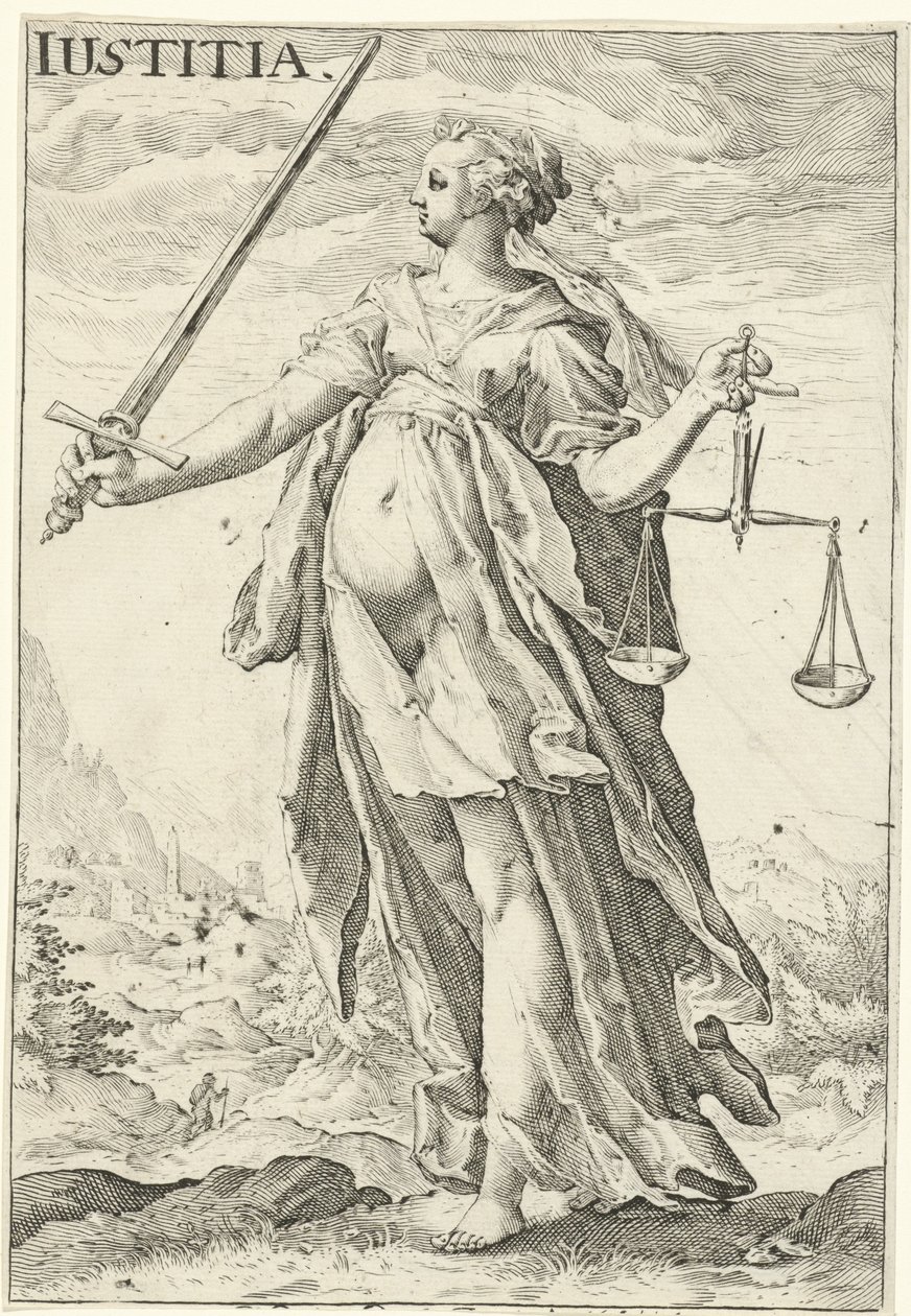 Sprawiedliwość (Justitia) Iustitia (tytuł na obiekcie) autorstwa Jacob Matham (attributed to)
