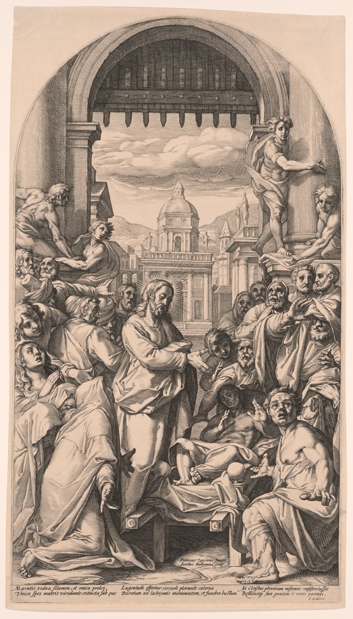 Chrystus wskrzesza zmarłego syna wdowy z Nain autorstwa Jacob Matham