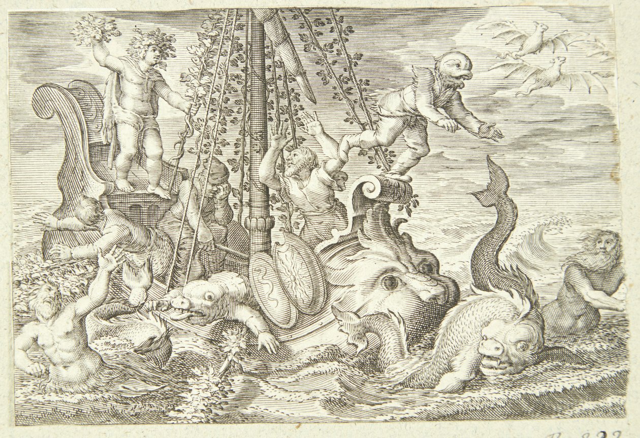 Żeglarze tyrreńscy zamieniają się w delfiny autorstwa Jacob Matham