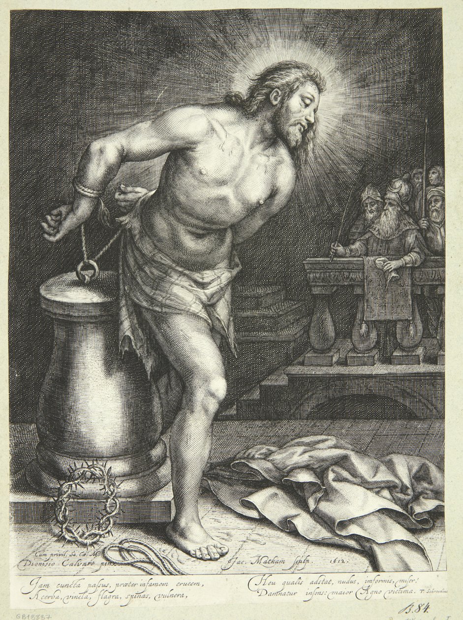 Jezus przy filarze (po oplataniu skóry) autorstwa Jacob Matham