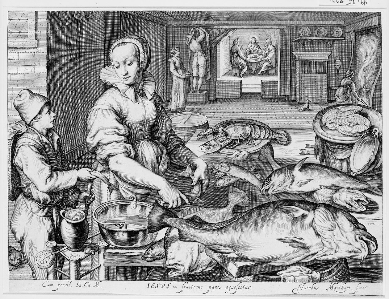 Scena kuchenna ze służącą kuchenną przygotowującą rybę, Chrystus w Emaus w tle, z cyklu Sceny kuchenne i targowe ze scenami biblijnymi w tle autorstwa Jacob Matham
