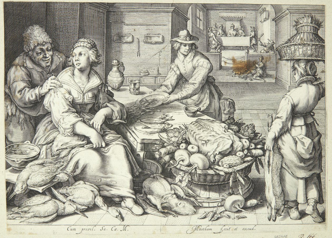 Scena kuchenna z panią kuchni zbierającą drób autorstwa Jacob Matham
