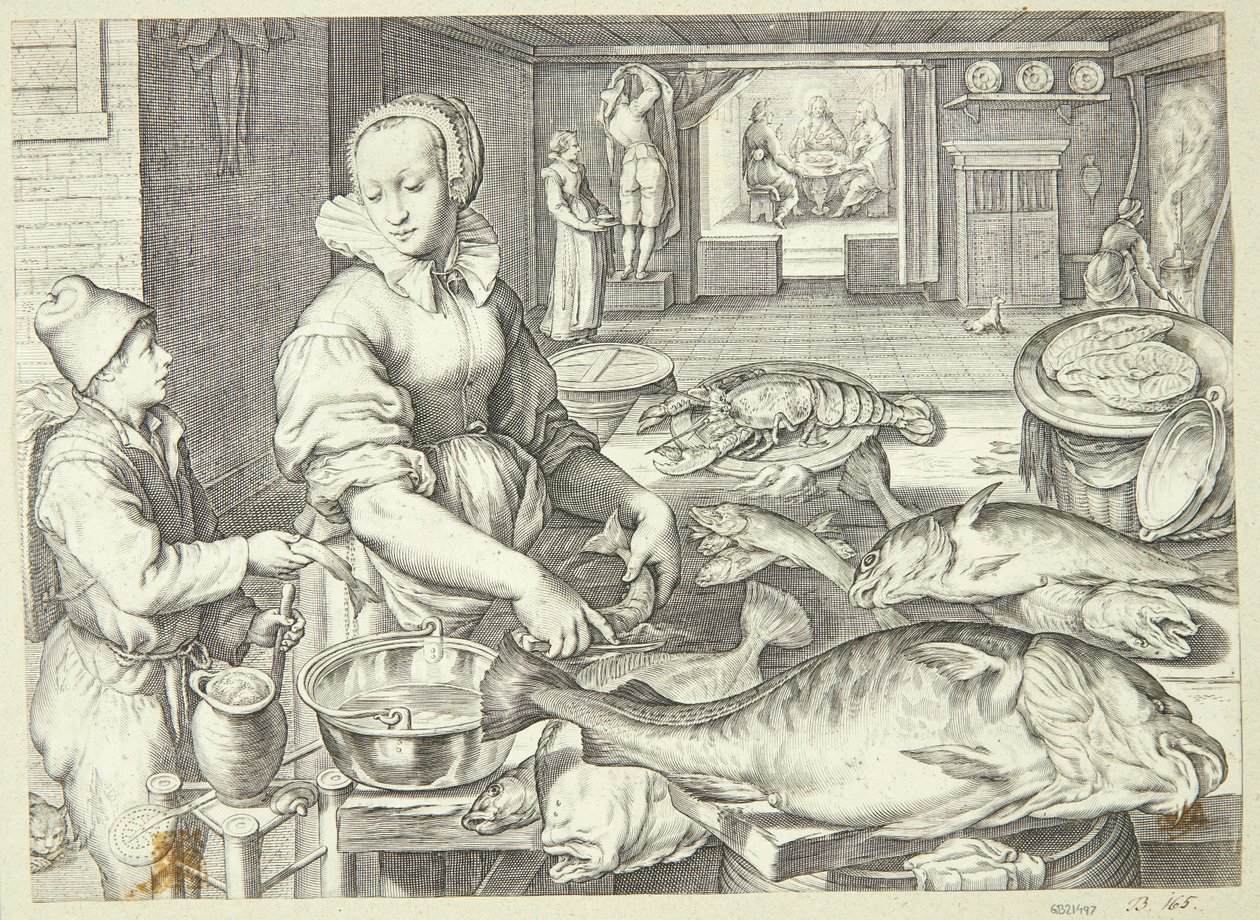 Scena kuchenna z panią w kuchni czyszczącą rybę autorstwa Jacob Matham