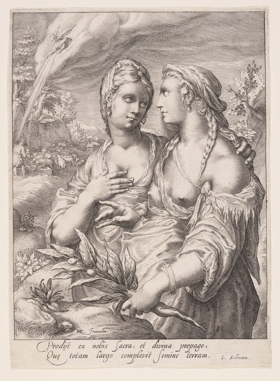 Lea i Rachela, z Żon patriarchów autorstwa Jacob Matham