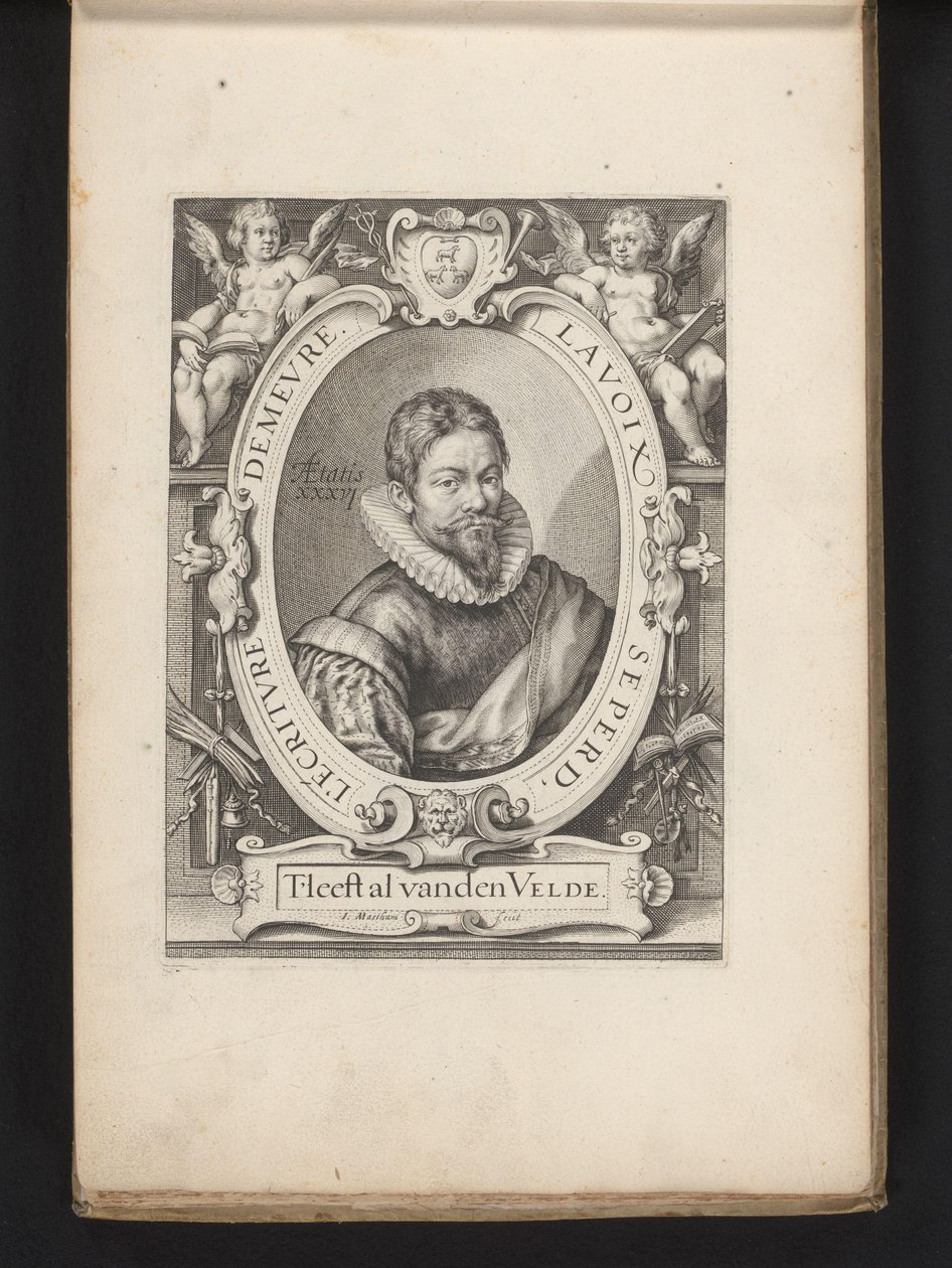 Portret Jana van den Velde w wieku 36 Lustro sztuki pisania (tytuł serii) autorstwa Jacob Matham