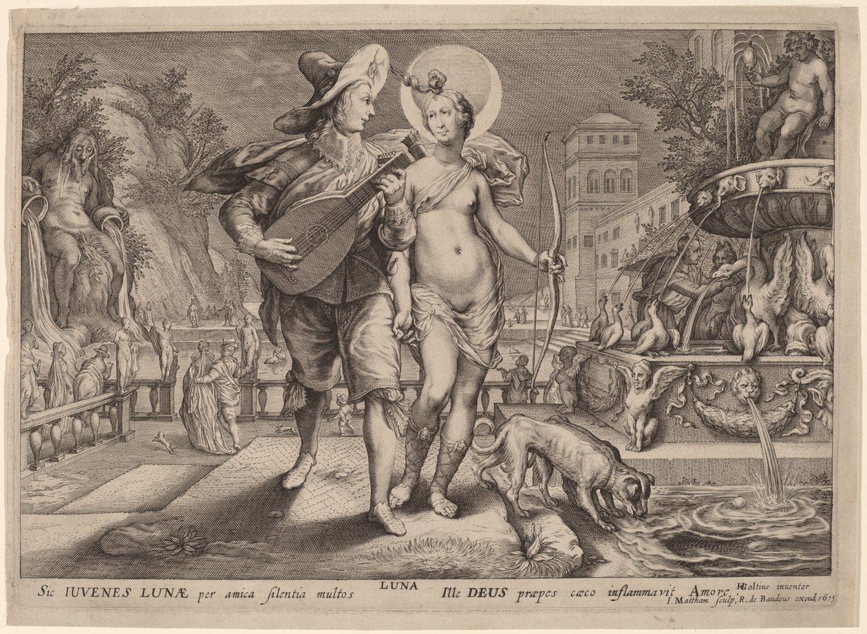 Diana jako Luna towarzysząca serenady młodemu mężczyźnie autorstwa Jacob Matham, after Hendrik Goltzius