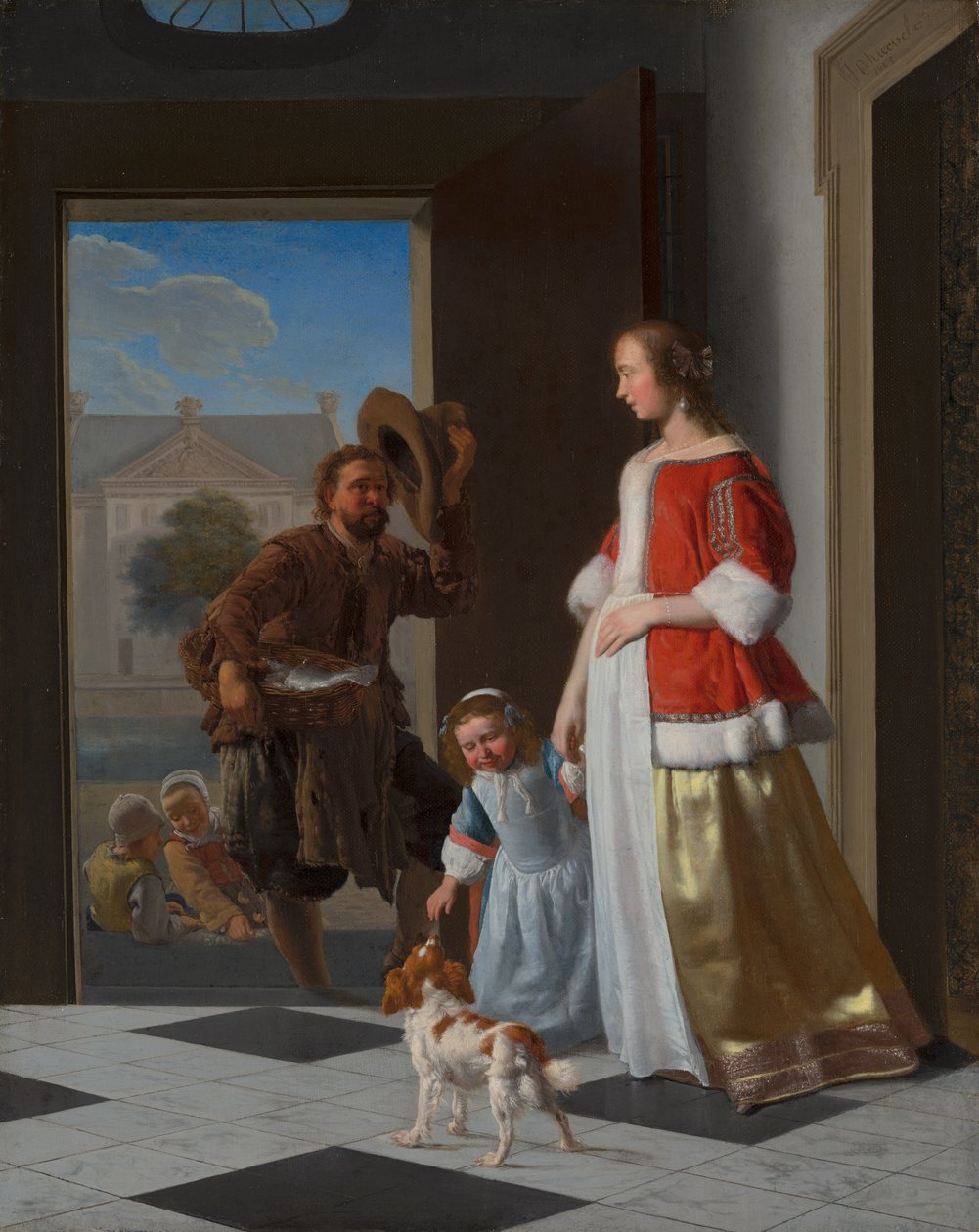 Sprzedawca ryb u drzwi, 1663 (olej na płótnie na panelu) autorstwa Jacob Lucasz Ochtervelt