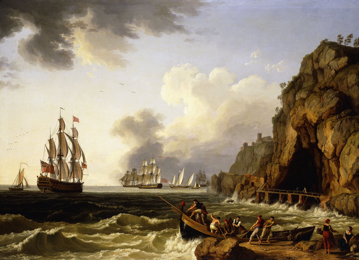Widok na wybrzeże w pobliżu Neapolu z trzypokładowym brytyjskim Royal Navy pływającym pod banderą wiceadmirała Czerwonego, 1777 autorstwa Jacob Philippe Hackert