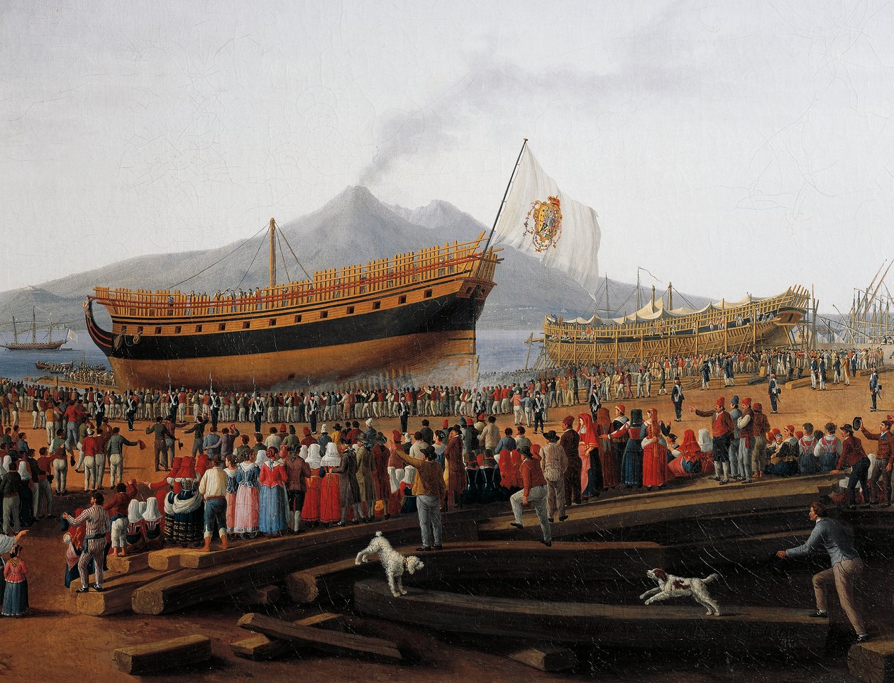 Wodowanie statku w stoczni Castellammare di Stabia (olej na płótnie) autorstwa Jacob Philippe Hackert