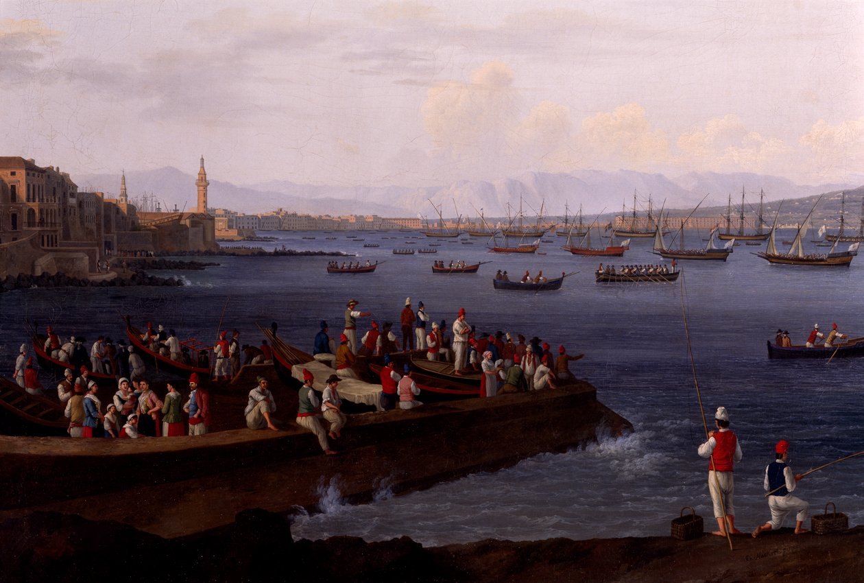 Zatoka Neapolitańska w pobliżu Santa Lucia pokazuje floty morskie powracające z Algieru autorstwa Jacob Philippe Hackert