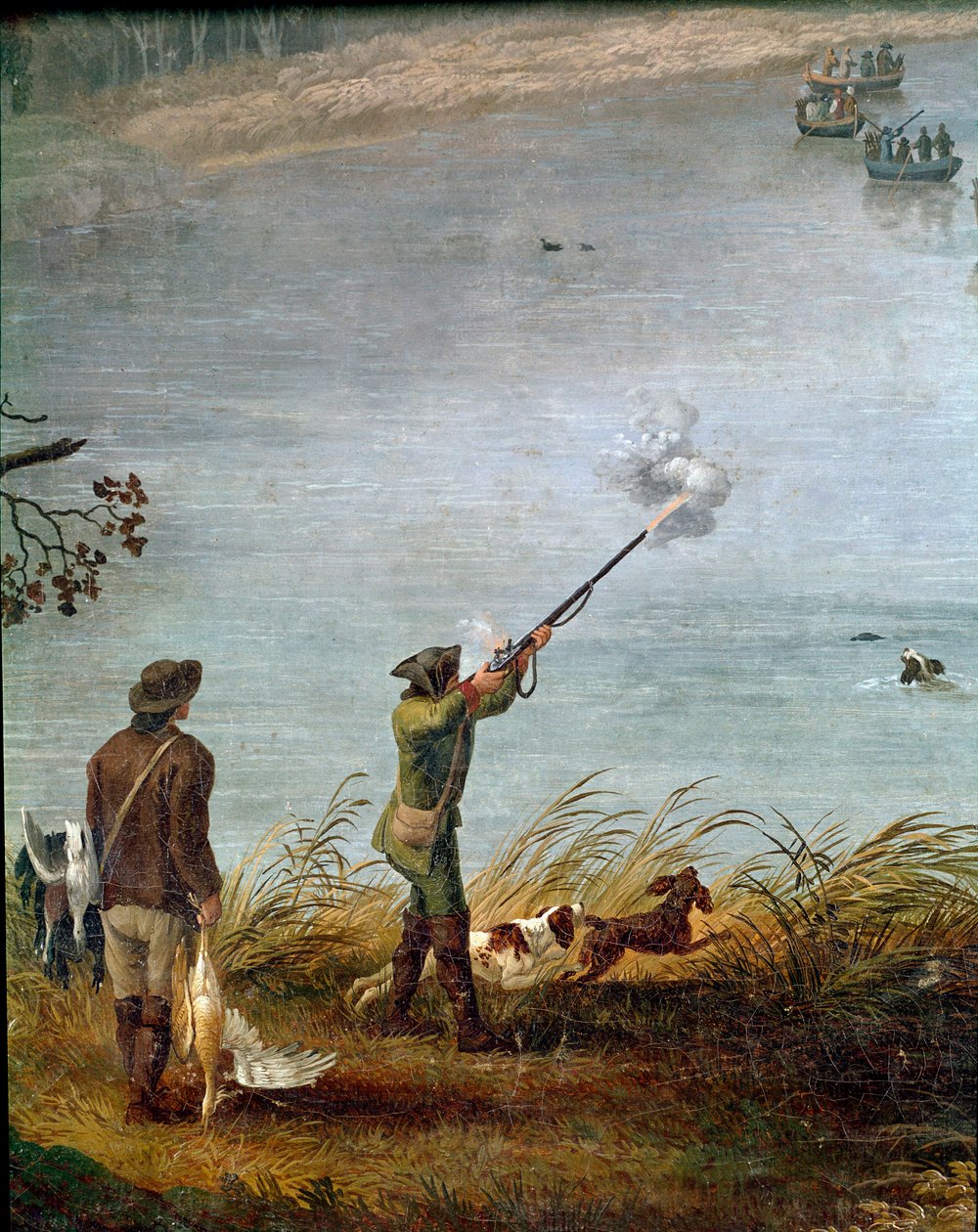 Polowanie na łyski Ferdynanda I z Obojga Sycylii (lub Ferdynanda IV z Neapolu) (1751-1825) na jeziorze Fusaro niedaleko Neapolu, Włochy (Ferdynand IV polujący na łyskę na jeziorze Fusaro) Szczegół - Obraz Jacoba Philippa Hackerta dit Hackert d
