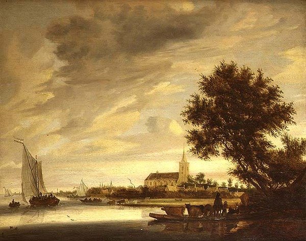 Krajobraz rzeczny z promem na pierwszym planie autorstwa Jacob Salomonsz. (circle of) Ruysdael
