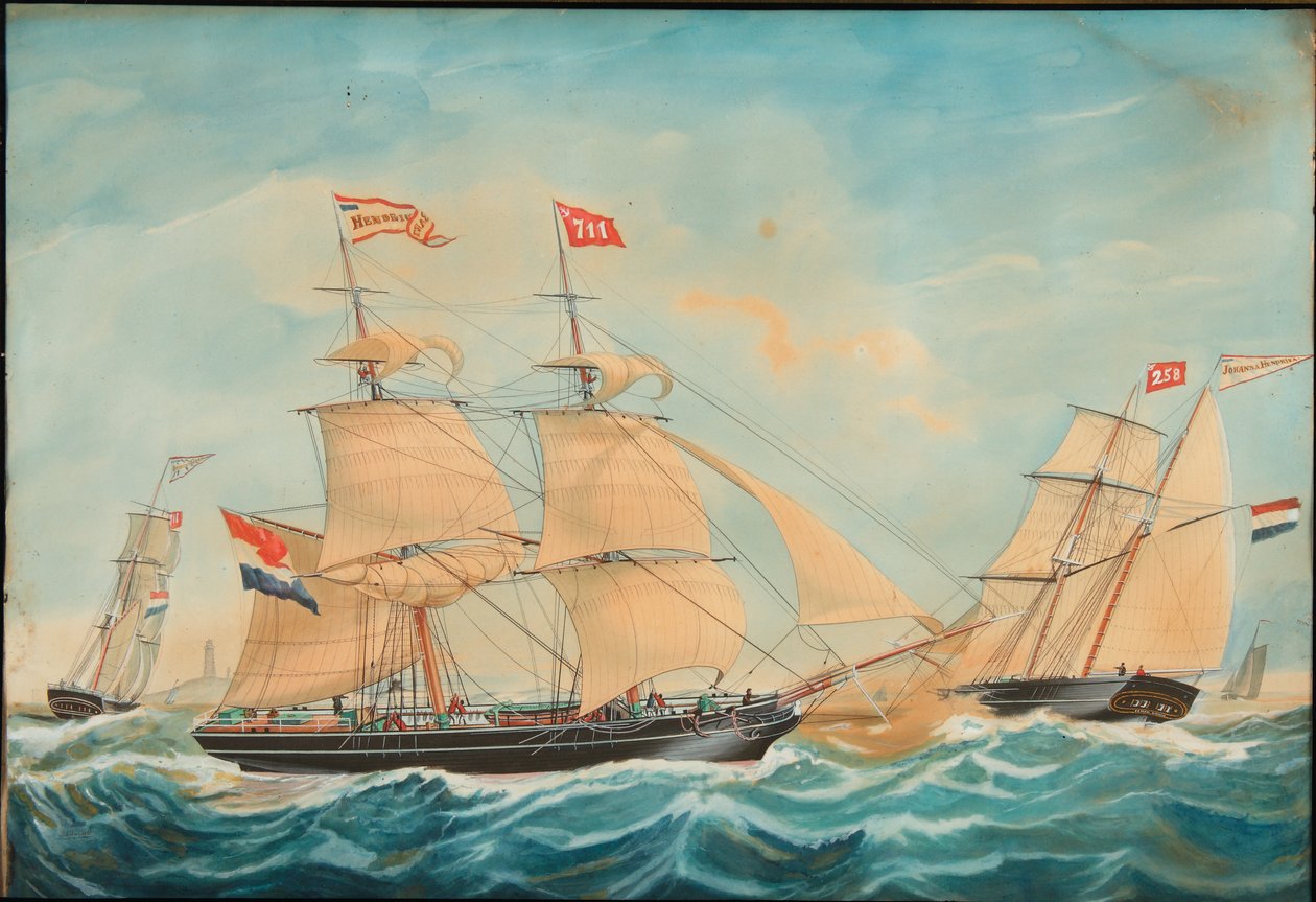 Hendrika Bartina i Johanna Hendrika płynące przy brzegu, 1852 r. autorstwa Jacob Spin