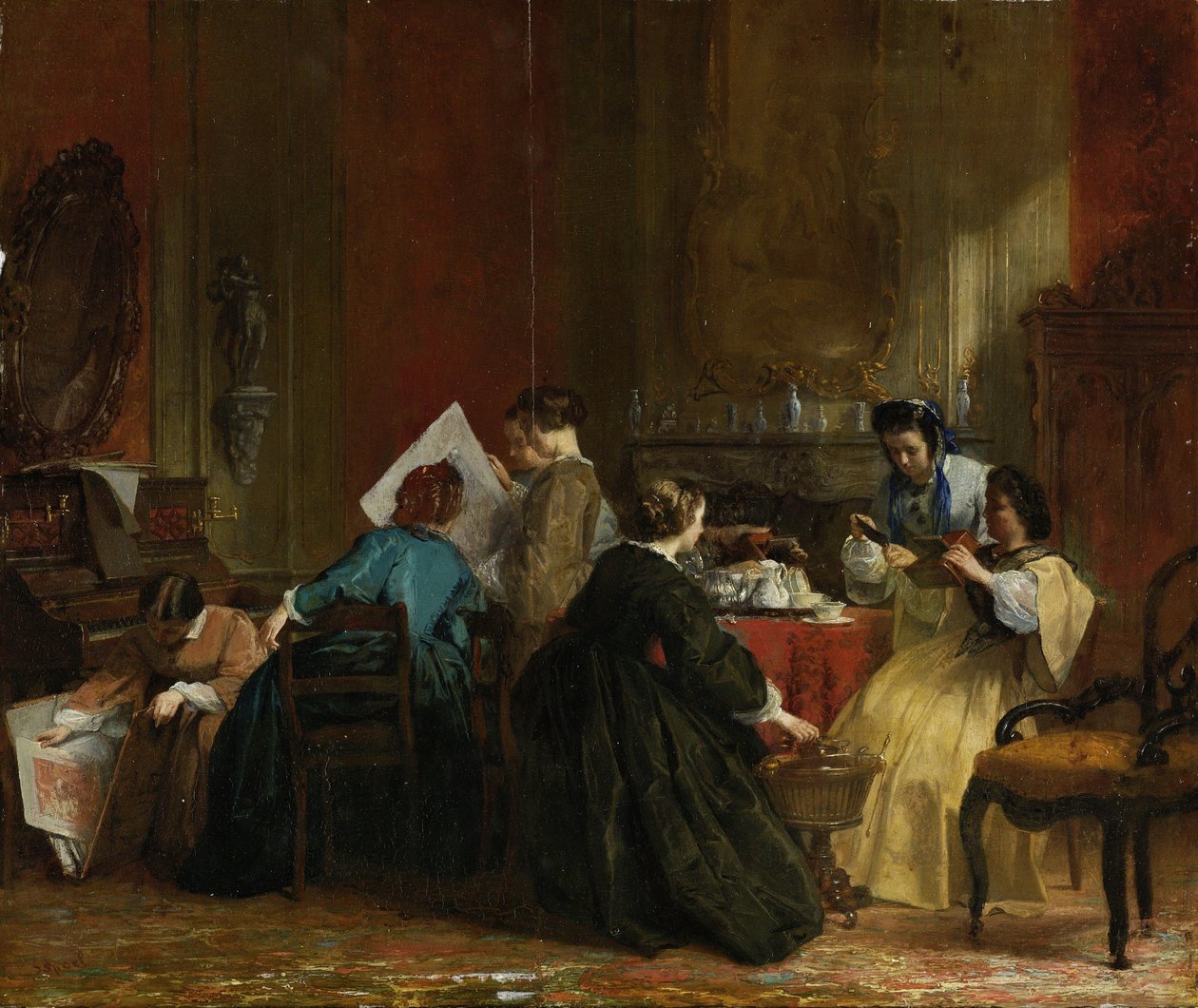 Grupa kobiet oglądających zdjęcia stereoskopowe, ok. 1868 (olej na panelu) autorstwa Jacob Spoel