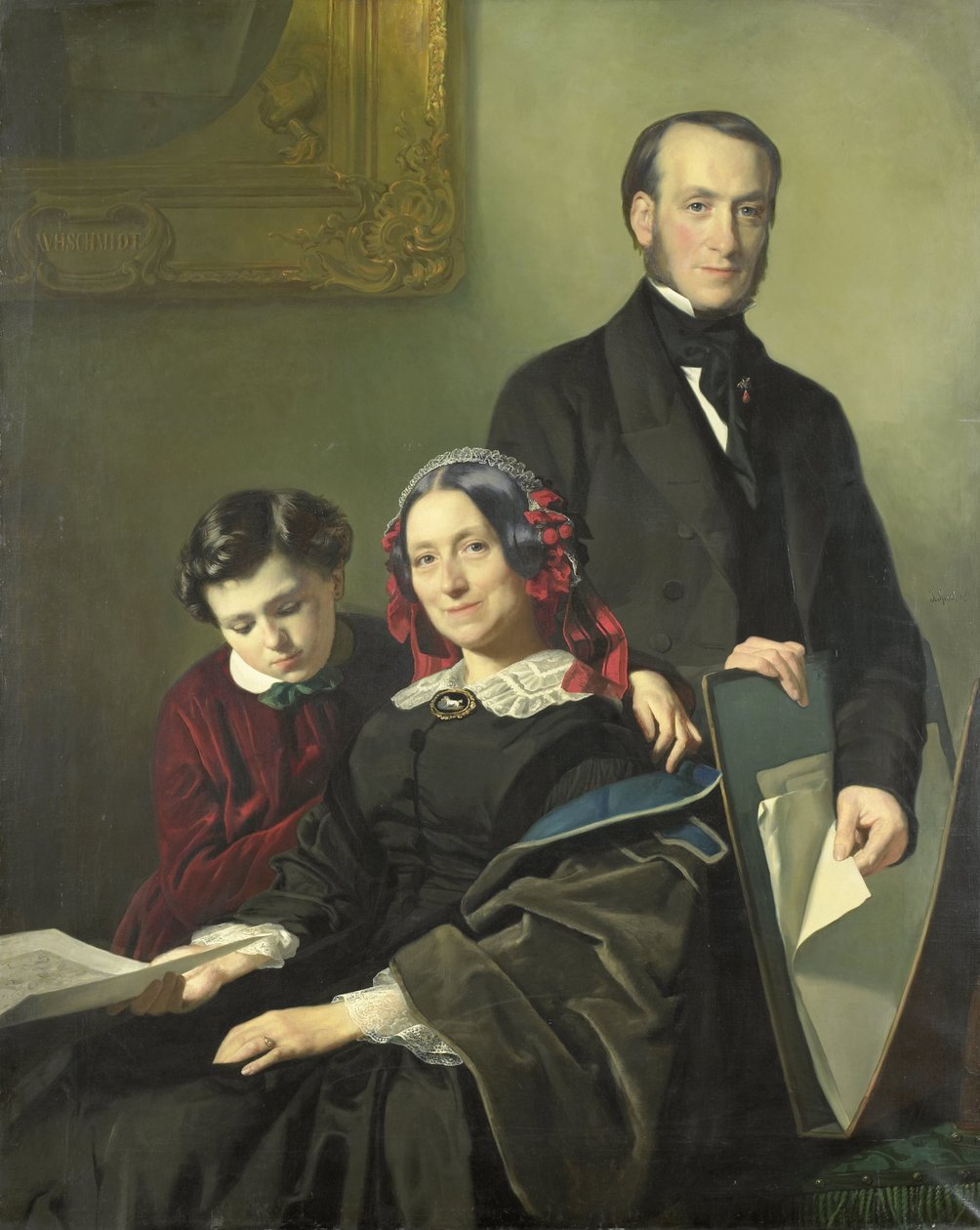Pani A.J. Schmidt-Keiser, wdowa po malarzu Willemie Hendriku Schmidcie (1809-49), nauczycielu Jacoba Spoela, z bratem J.N. Keizer i jej 10-letni syn autorstwa Jacob Spoel