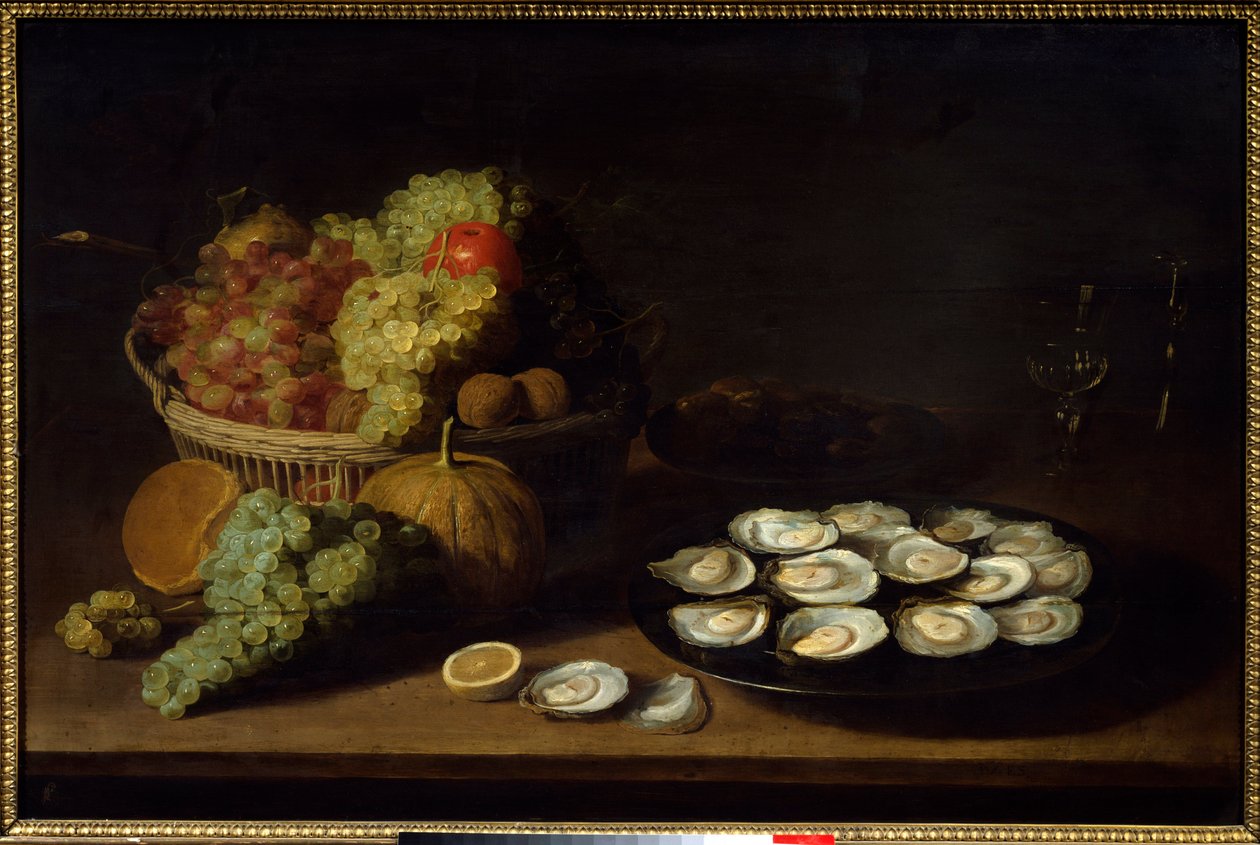 Martwa natura, ostrygi i owoce. Obraz Jacoba Fopsena Van Es (ok. 1596-1666) Ec. Bujda. autorstwa Jacob Van Es