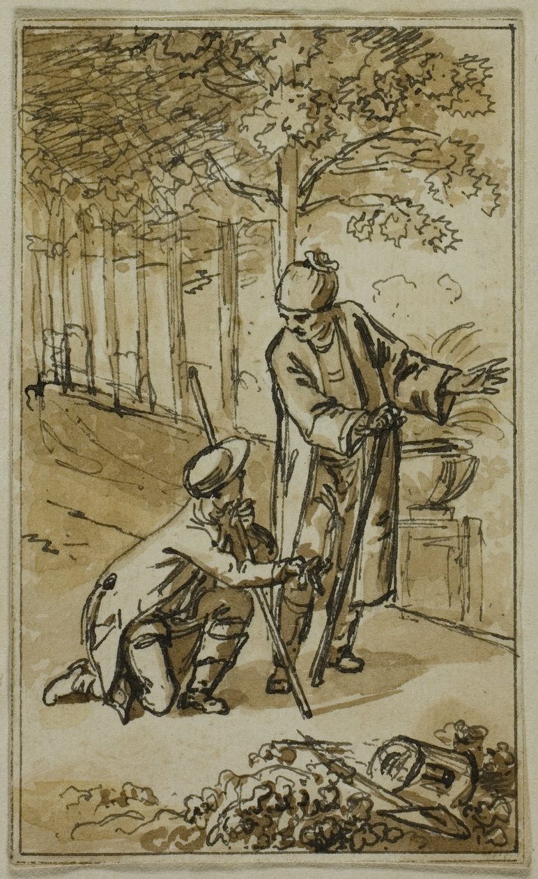 Ilustracja literacka: Dżentelmen i klęczący ogrodnik autorstwa Jacob Wilhelm Mechau