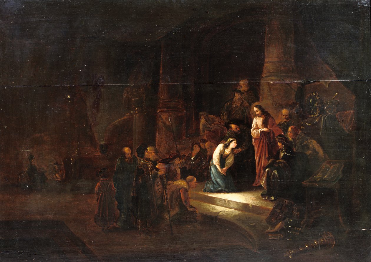 Chrystus i niewiasta przyłapana na cudzołóstwie (olej na panelu) autorstwa Jacob Willemsz de (workshop of) Wet or Wett