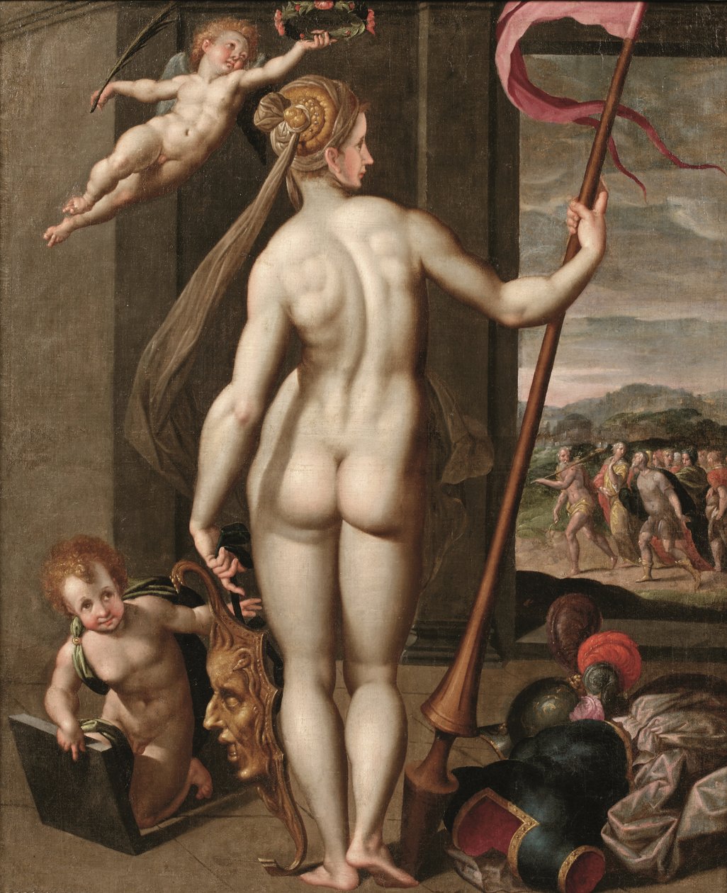 Minerva trzymająca lancę w wieńcu laurowym putto (olej na płótnie) autorstwa Jacob de (studio of) Backer