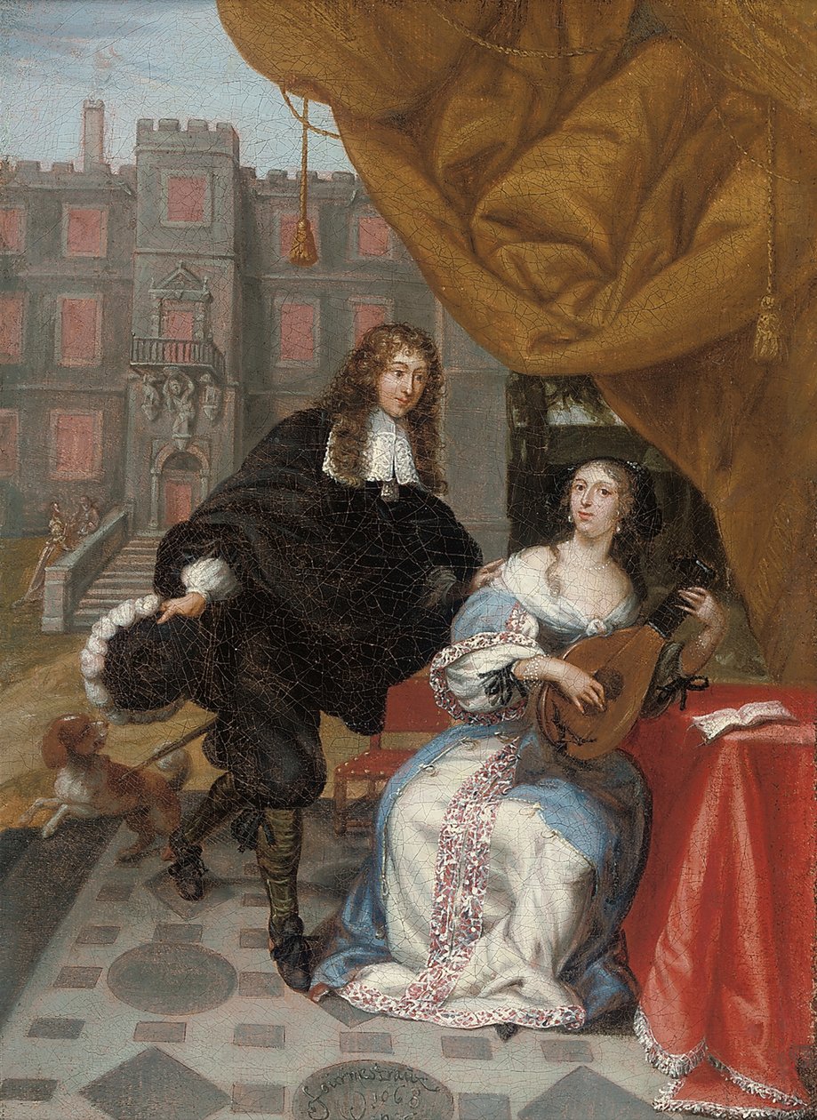 Dżentelmen zabiegający o damę muzykującą na dziedzińcu, 1668 autorstwa Jacob de Fourmentrou