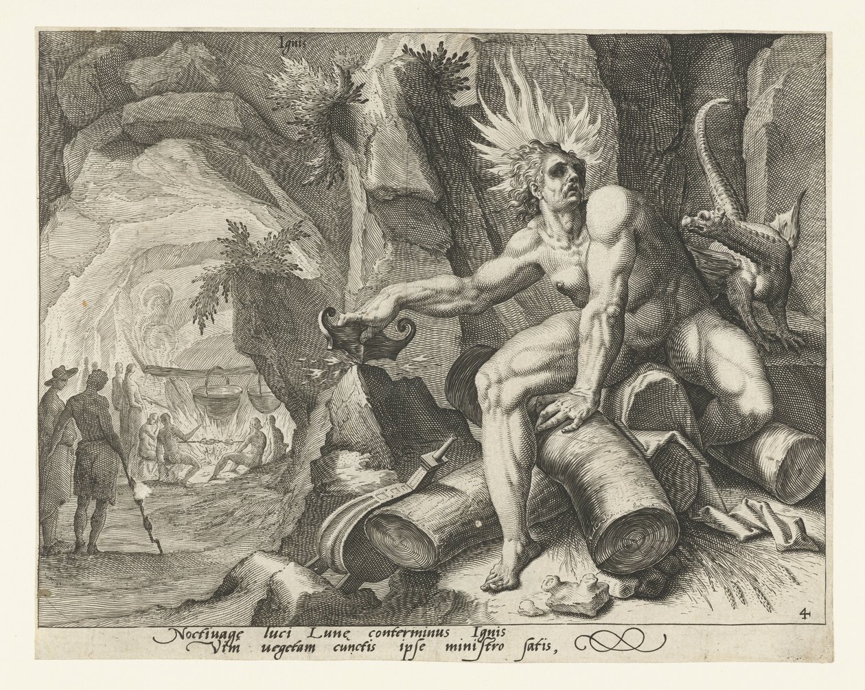 Żywioł ognia Ignis (tytuł na obiekcie) Cztery żywioły (tytuł serii) autorstwa Jacob de Gheyn (II) (attributed to)