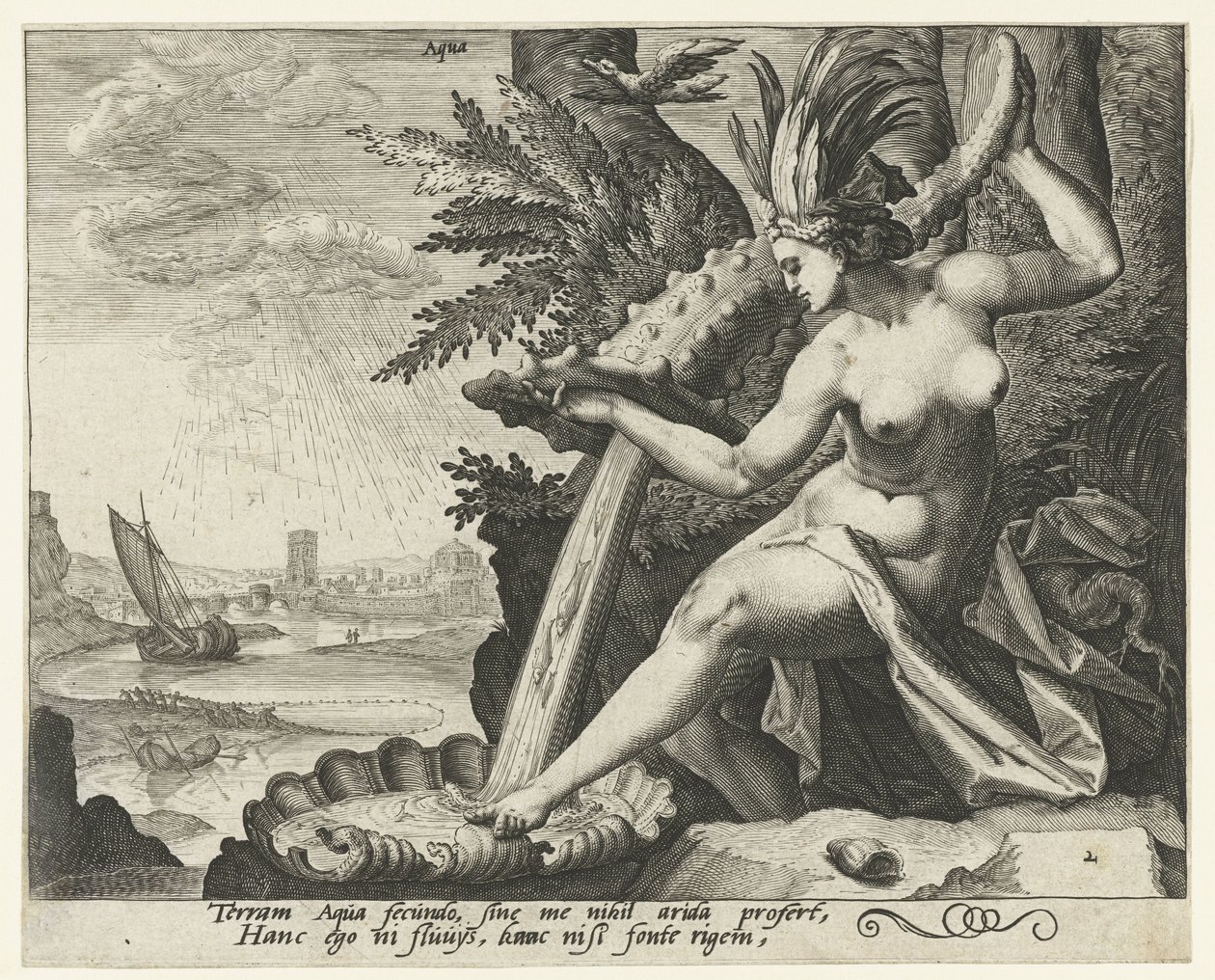 Żywioł wody Aqua (tytuł na obiekcie) Cztery żywioły (tytuł serii) autorstwa Jacob de Gheyn (II) (attributed to)