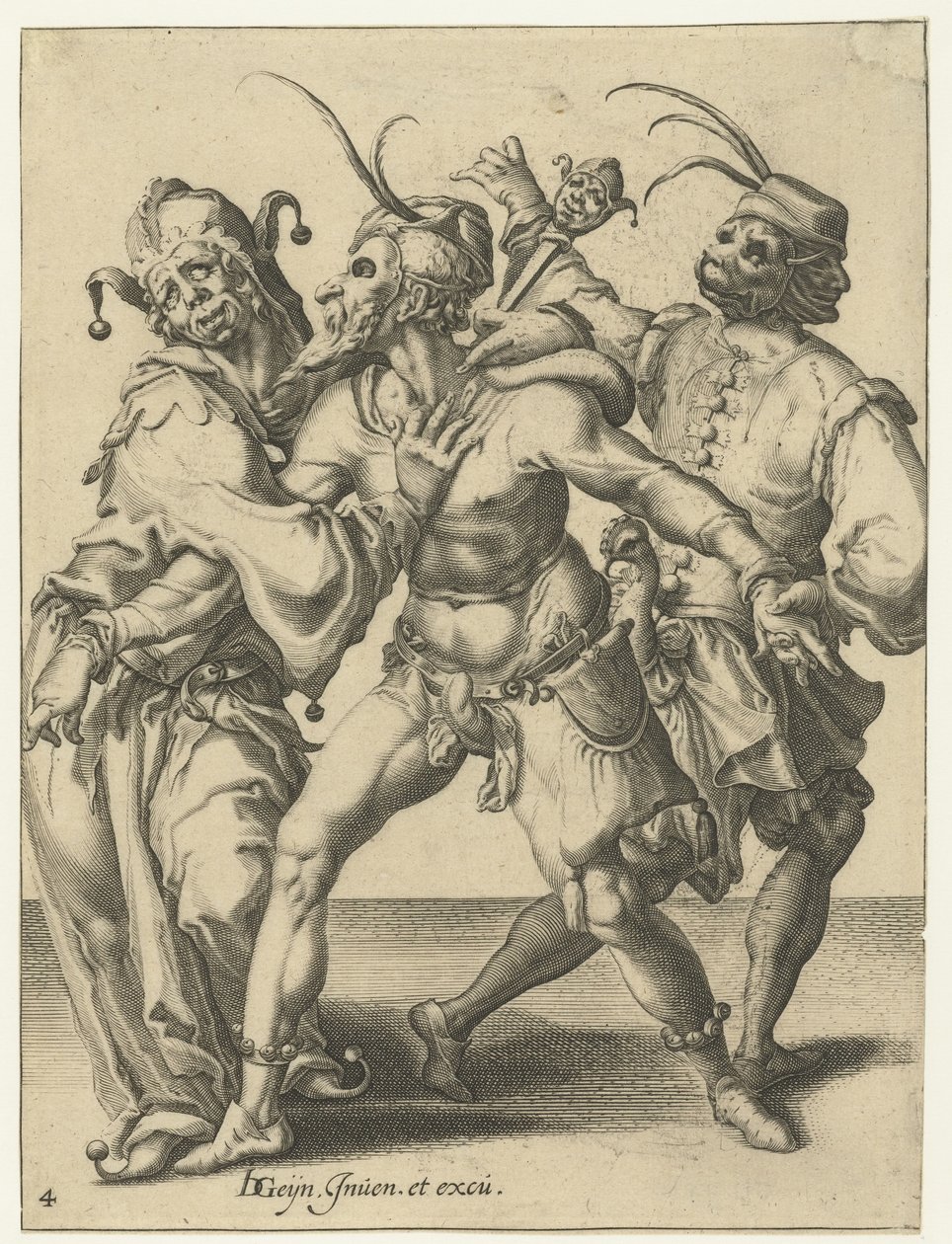 Trzech tańczących mężczyzn Maskarady (tytuł serii) autorstwa Jacob de Gheyn (II) (workshop of)
