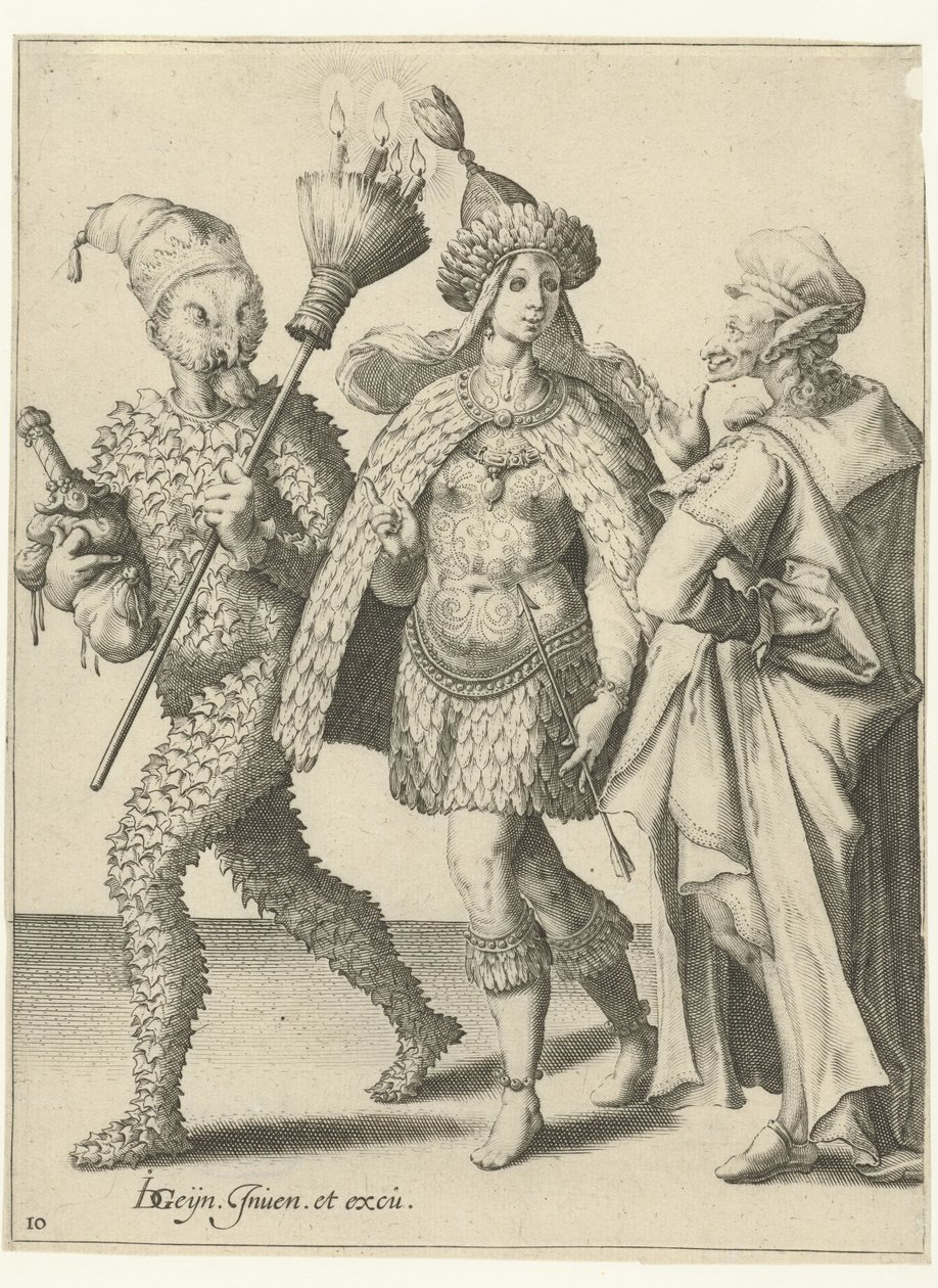 Trzy zamaskowane postacie, jedna z miotłą, w której tkwią świece Maskarady (tytuł serii) autorstwa Jacob de Gheyn (II) (workshop of)