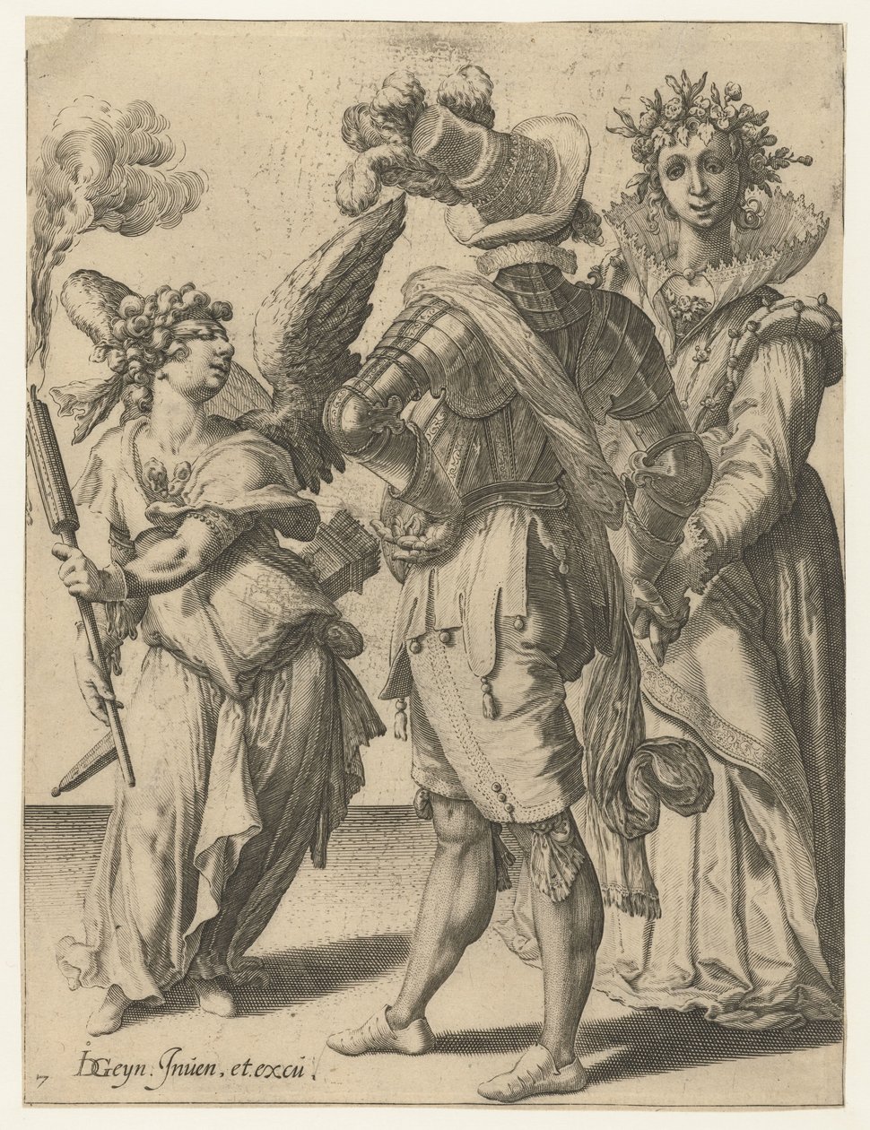 Kupidyn z zawiązanymi oczami z pochodnią przed parą w świątecznych ubraniach Maskarady (tytuł serii) autorstwa Jacob de Gheyn (II) (workshop of)