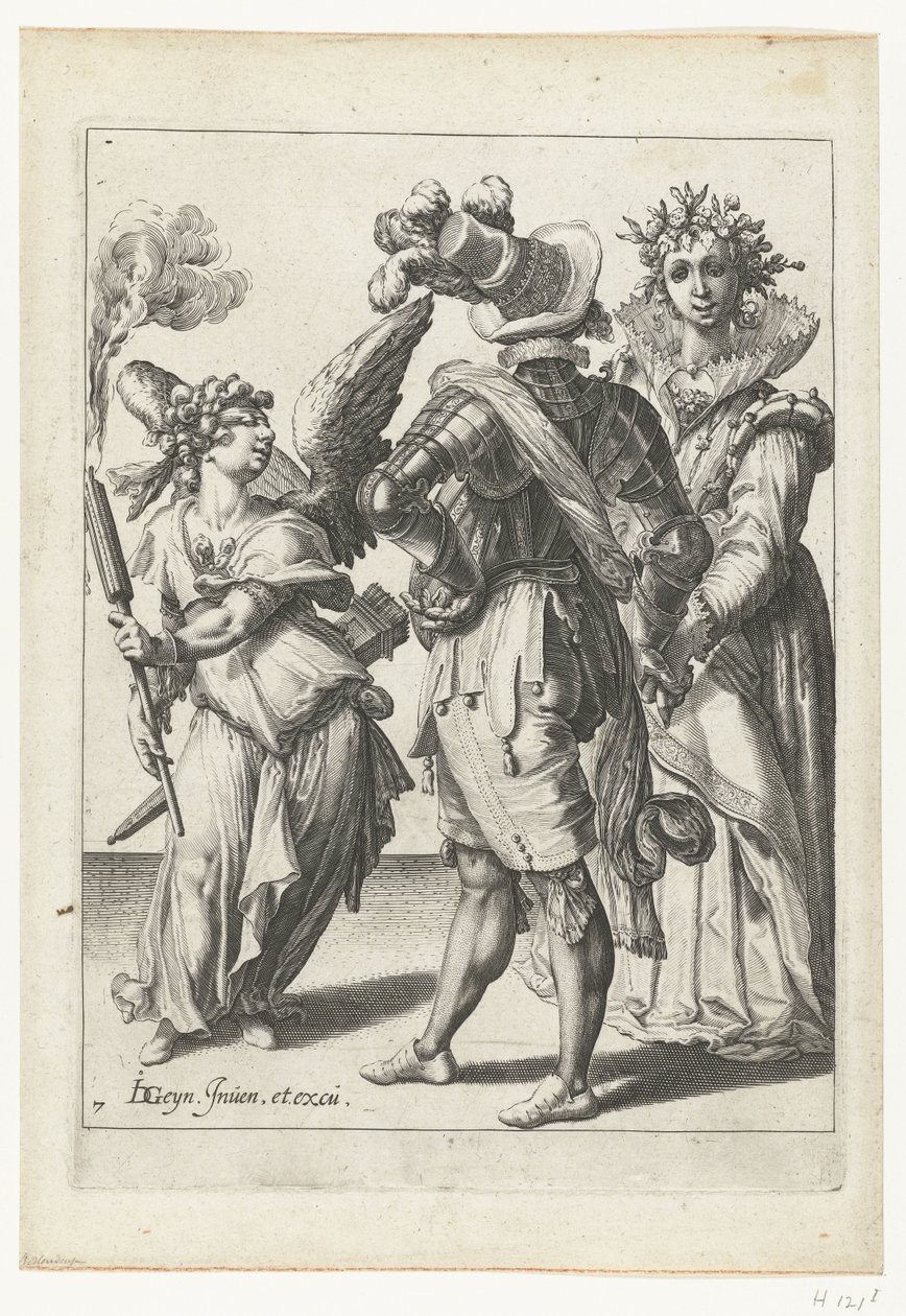 Kupidyn z zawiązanymi oczami z pochodnią przed parą w świątecznym stroju Maskarady (tytuł serii) autorstwa Jacob de Gheyn (II) (workshop of)