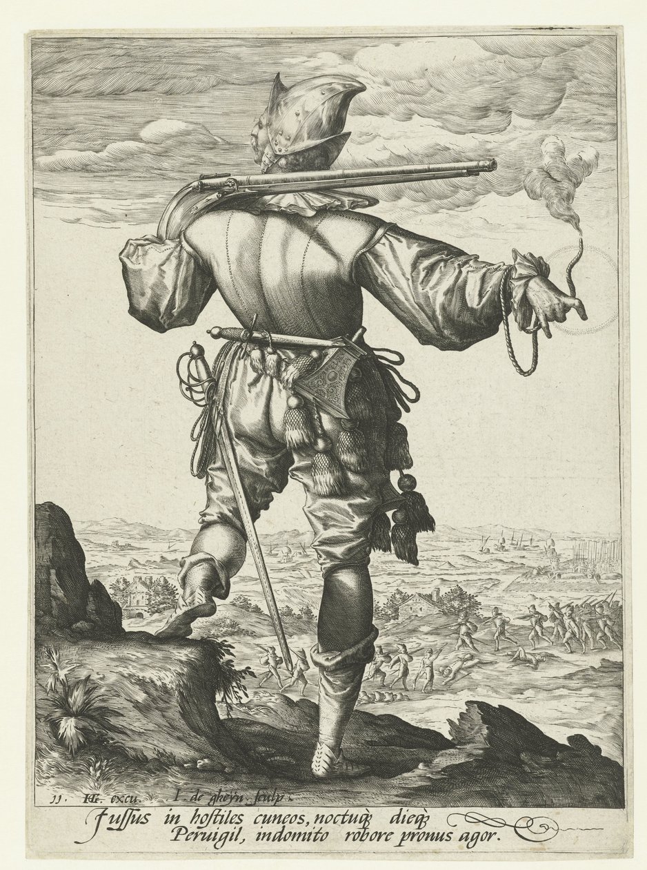 Muszkieter (harquebusier?) w hełmie Oficerowie i żołnierze (tytuł serii) autorstwa Jacob de Gheyn (II)