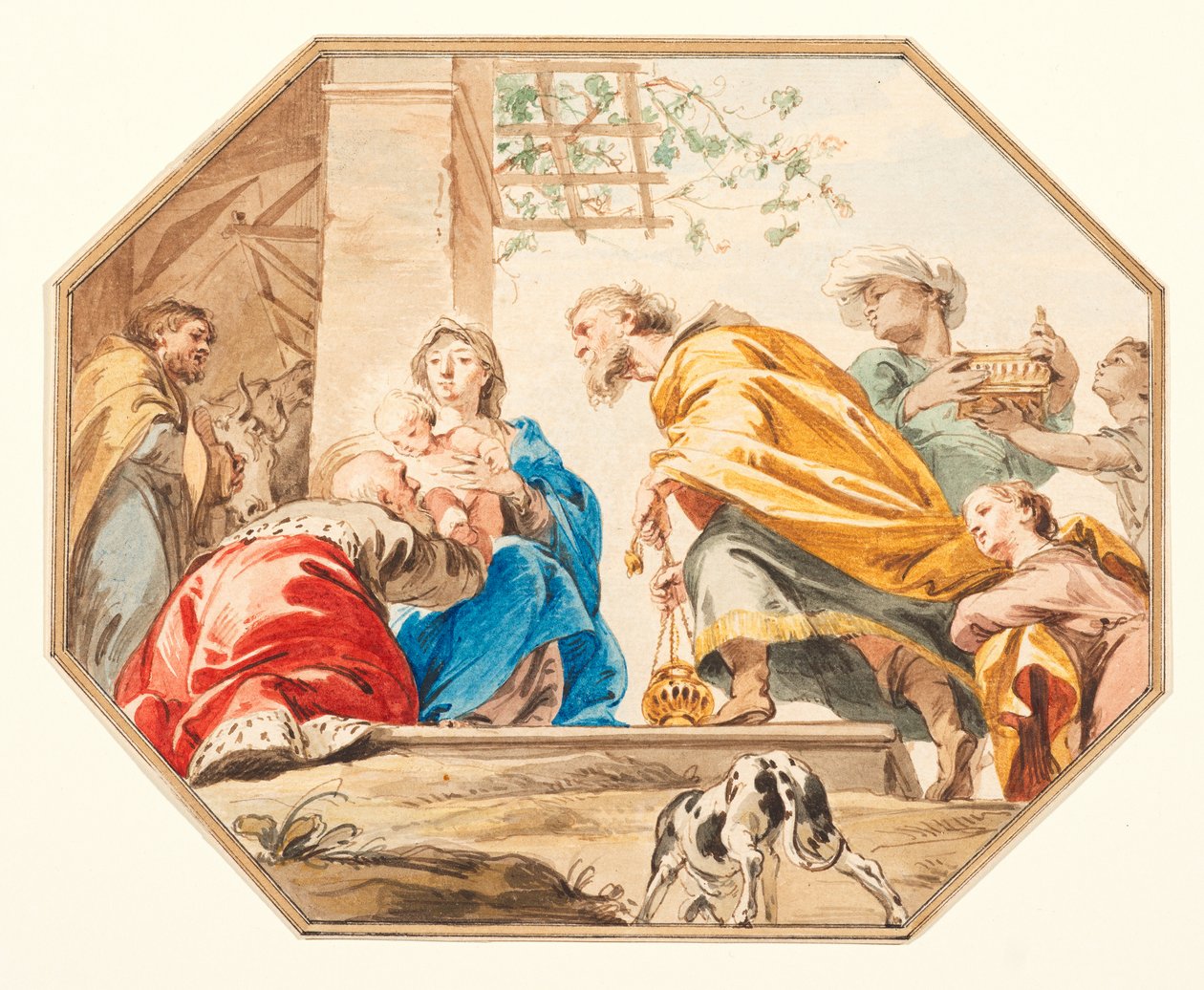Pokłon Trzech Króli, ok. 1751 r. (grafit, długopis i brązowy tusz, akwarela na kredowanym papierze, pocięta w ośmiokąt, z brązowym tuszem i spranymi brzegami) autorstwa Jacob de Wit