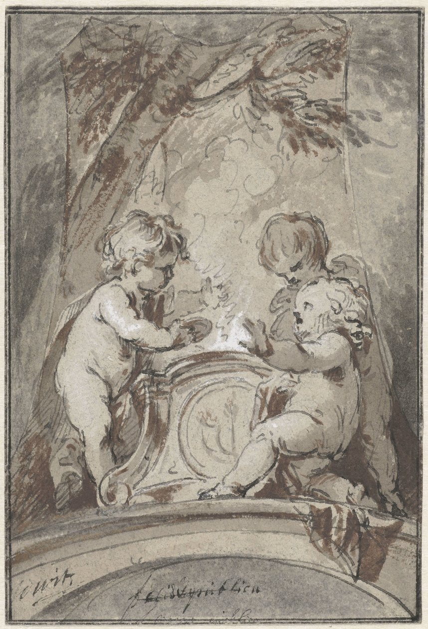 Alegoria z trzema puttami przy ołtarzu autorstwa Jacob de Wit