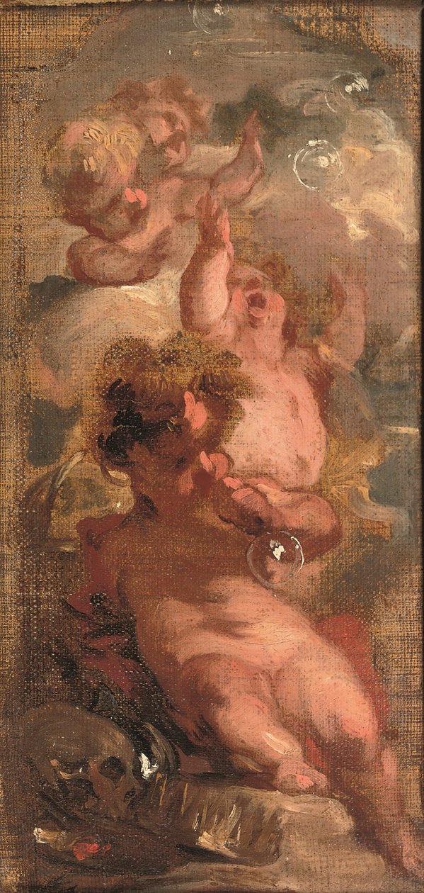 Alegoria Vanitas: cztery bąbelki dmuchające putta, czaszka, paleta artysty i korona w pobliżu (olej na płótnie ułożony na desce) autorstwa Jacob de Wit