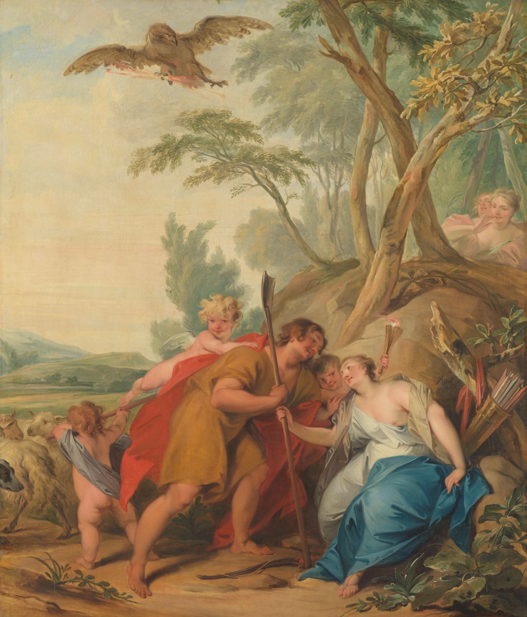 Jowisz, przebrany za pasterza, uwodzi Mnemosyne, boginię pamięci, 1727 autorstwa Jacob de Wit